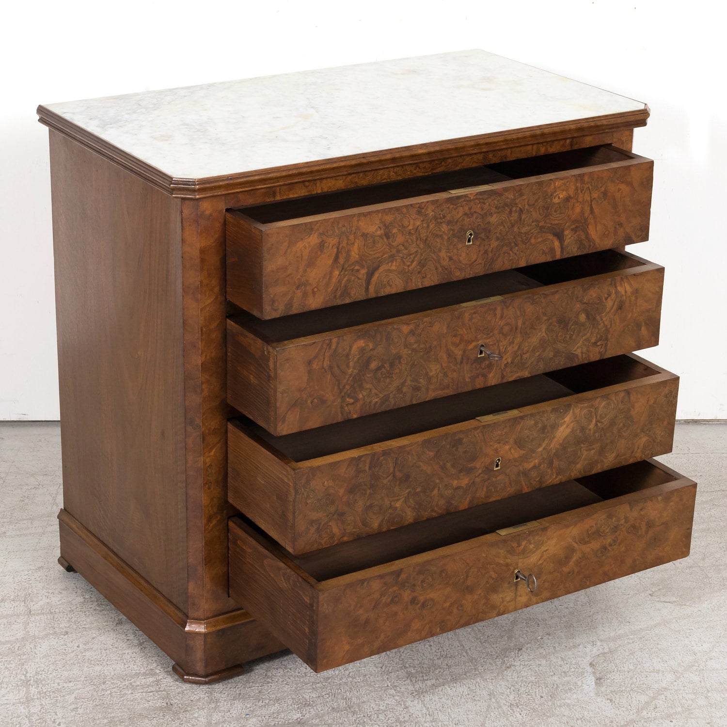 19th Century French Louis Philippe Period Petite Burled Walnut Commode with Inset Marble Top