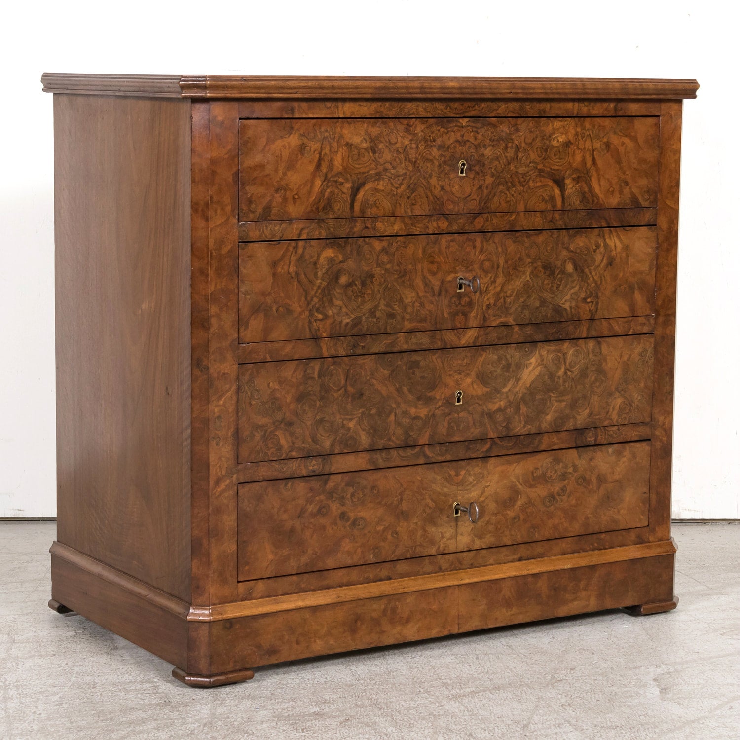 19th Century French Louis Philippe Period Petite Burled Walnut Commode with Inset Marble Top