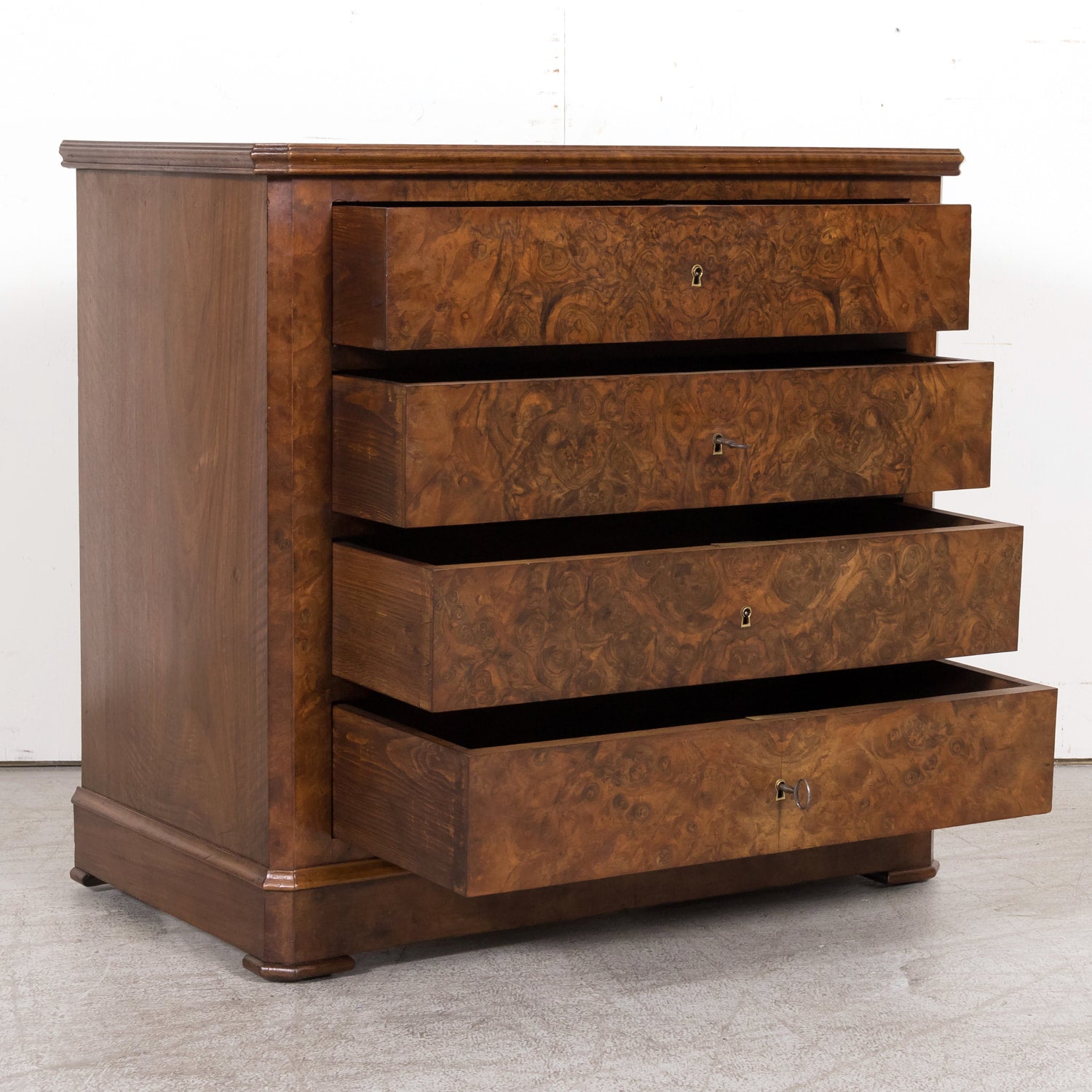 19th Century French Louis Philippe Period Petite Burled Walnut Commode with Inset Marble Top