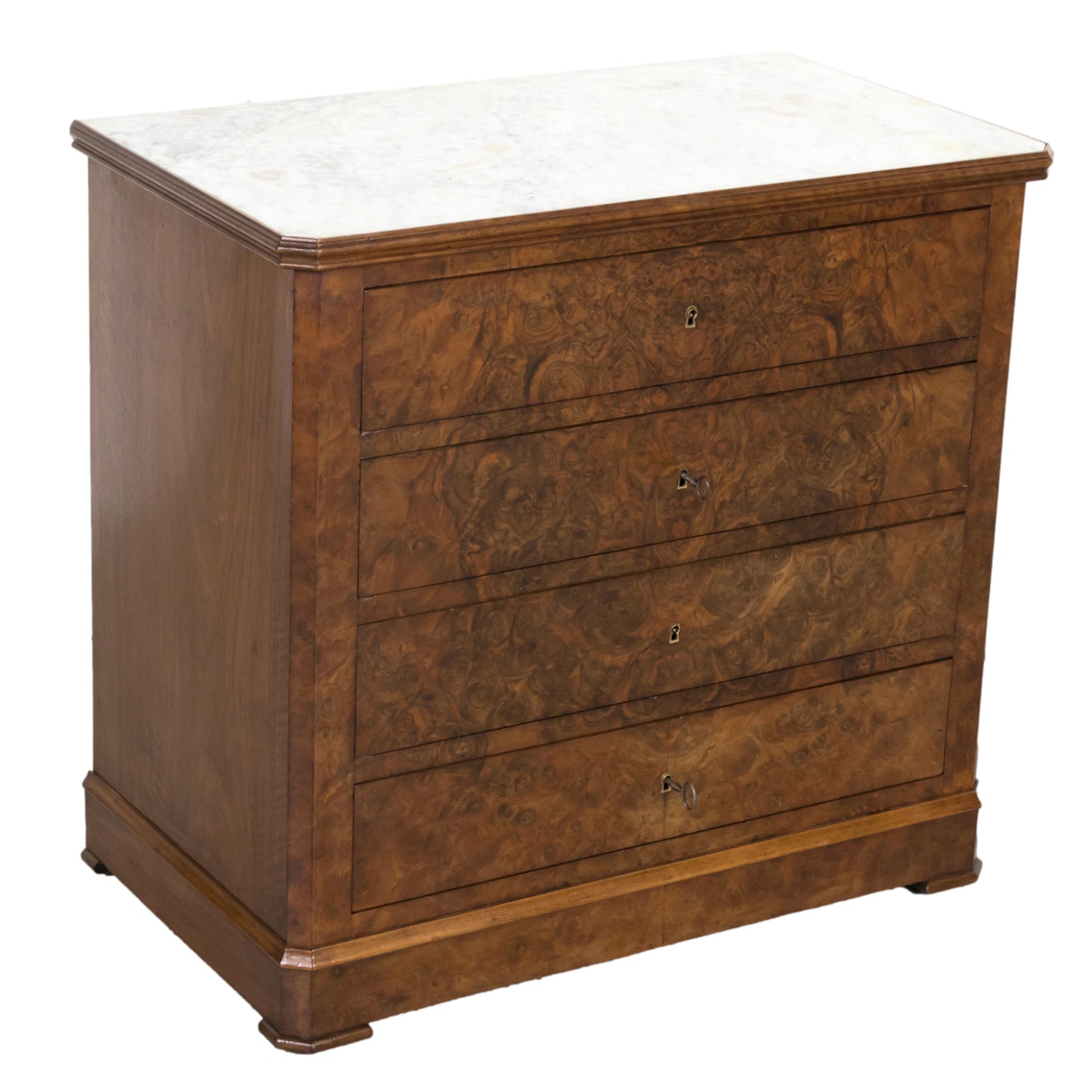 19th Century French Louis Philippe Period Petite Burled Walnut Commode with Inset Marble Top