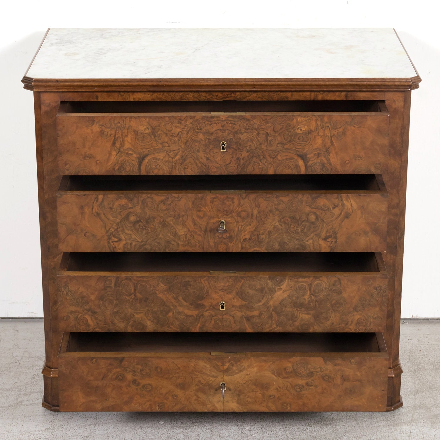 19th Century French Louis Philippe Period Petite Burled Walnut Commode with Inset Marble Top