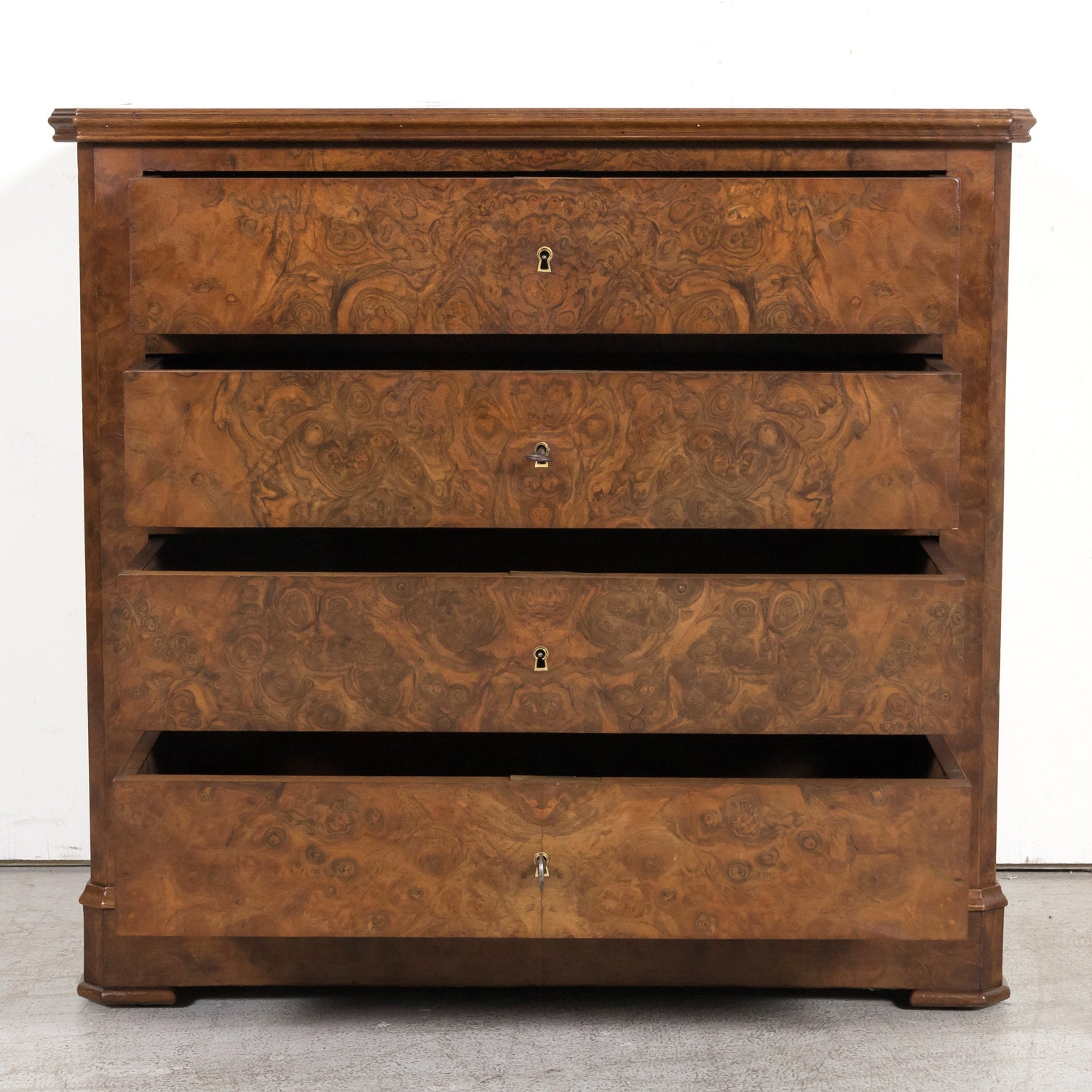 19th Century French Louis Philippe Period Petite Burled Walnut Commode with Inset Marble Top