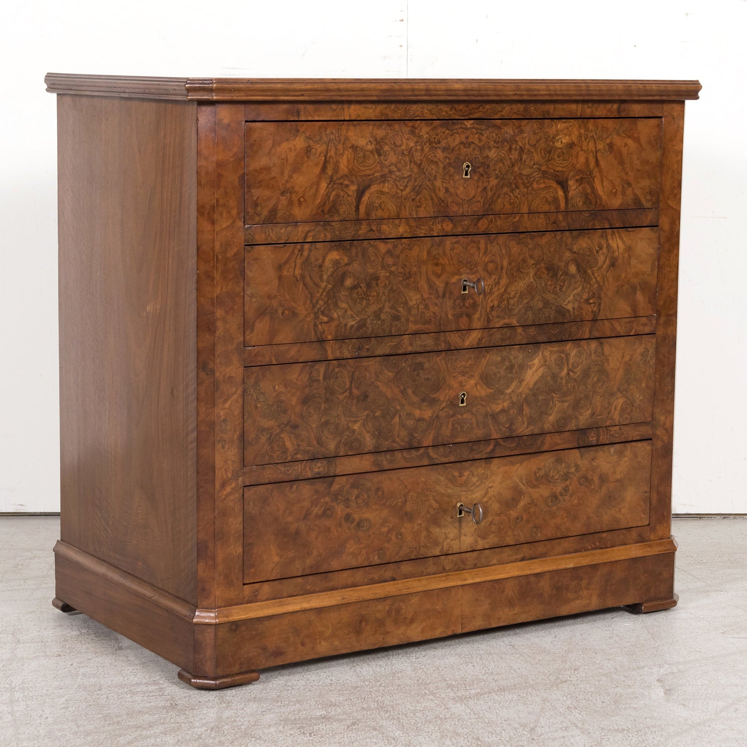 19th Century French Louis Philippe Period Petite Burled Walnut Commode with Inset Marble Top