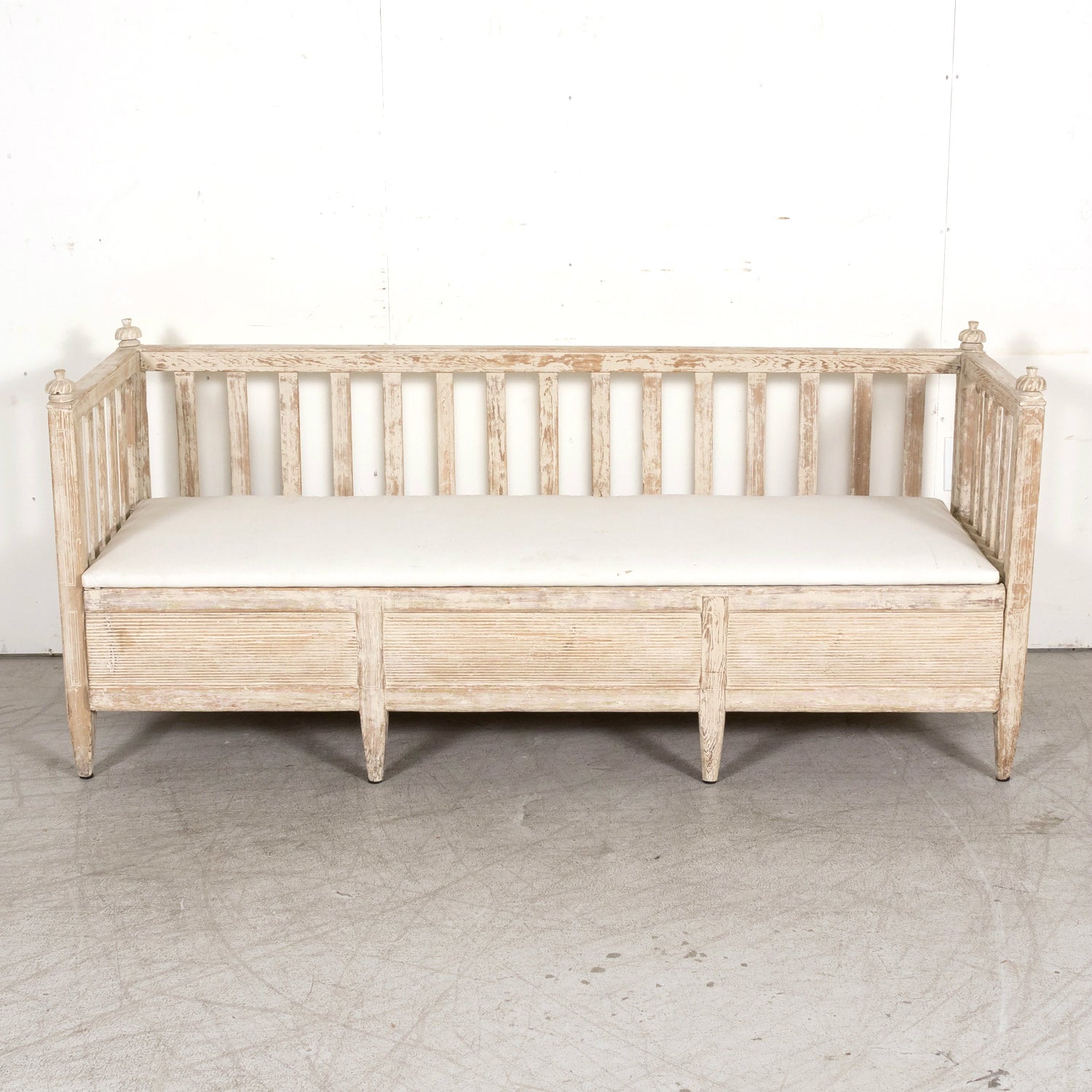 Mid-19th Century Swedish Gustavian Style Painted Stick Back Sofa Bench with Lift Seat