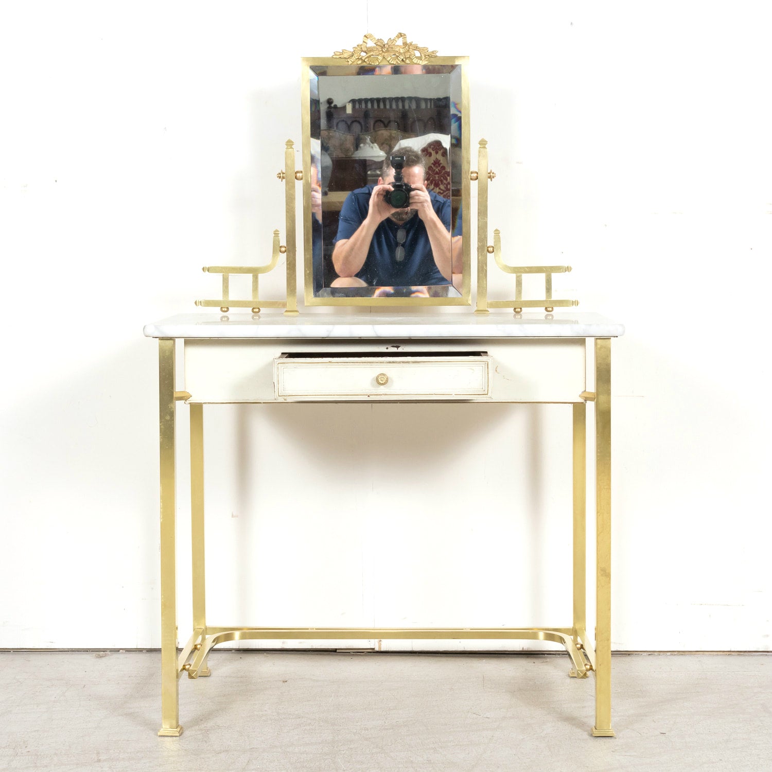 20th Century French Louis XVI Style Brass Maison Jansen Ladies Coiffeuse or Vanity Dressing Table with Marble Top