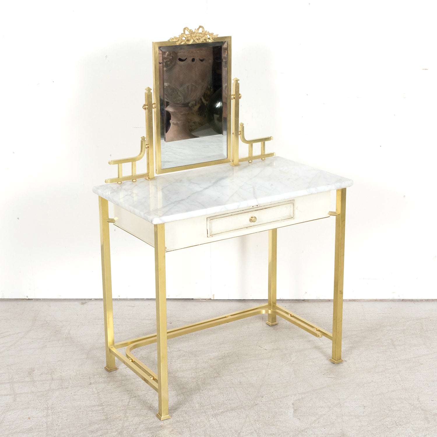 20th Century French Louis XVI Style Brass Maison Jansen Ladies Coiffeuse or Vanity Dressing Table with Marble Top