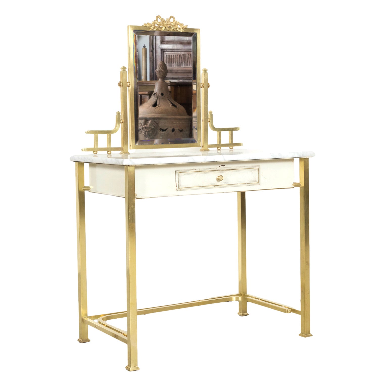 20th Century French Louis XVI Style Brass Maison Jansen Ladies Coiffeuse or Vanity Dressing Table with Marble Top