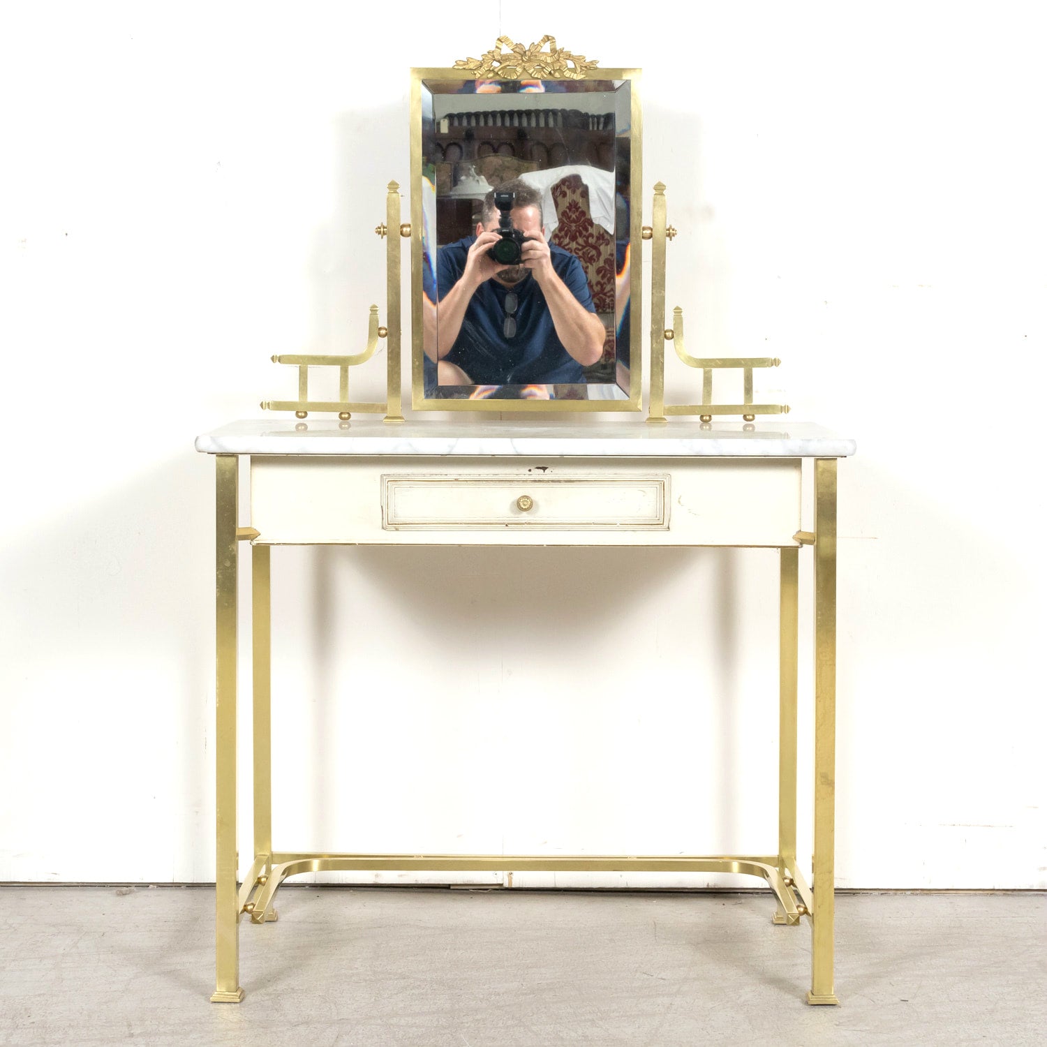 20th Century French Louis XVI Style Brass Maison Jansen Ladies Coiffeuse or Vanity Dressing Table with Marble Top