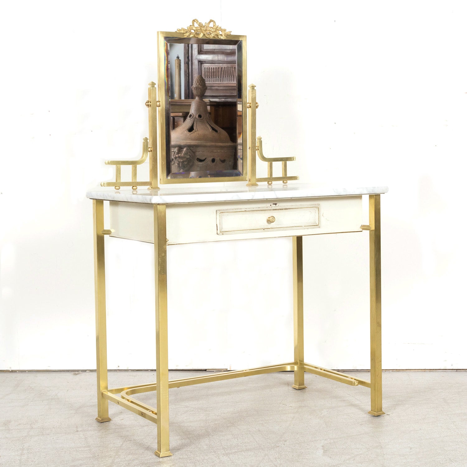 20th Century French Louis XVI Style Brass Maison Jansen Ladies Coiffeuse or Vanity Dressing Table with Marble Top