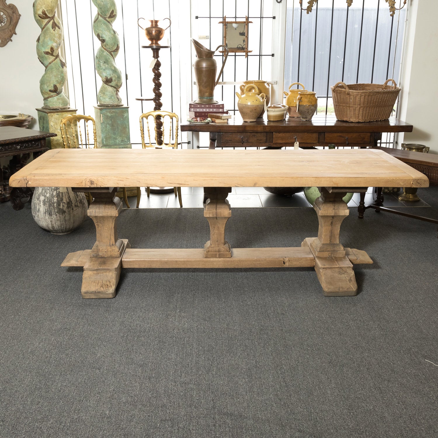 Antique French Bleached Oak Monastery Trestle Table with Triple Pedestal Base from Normandy