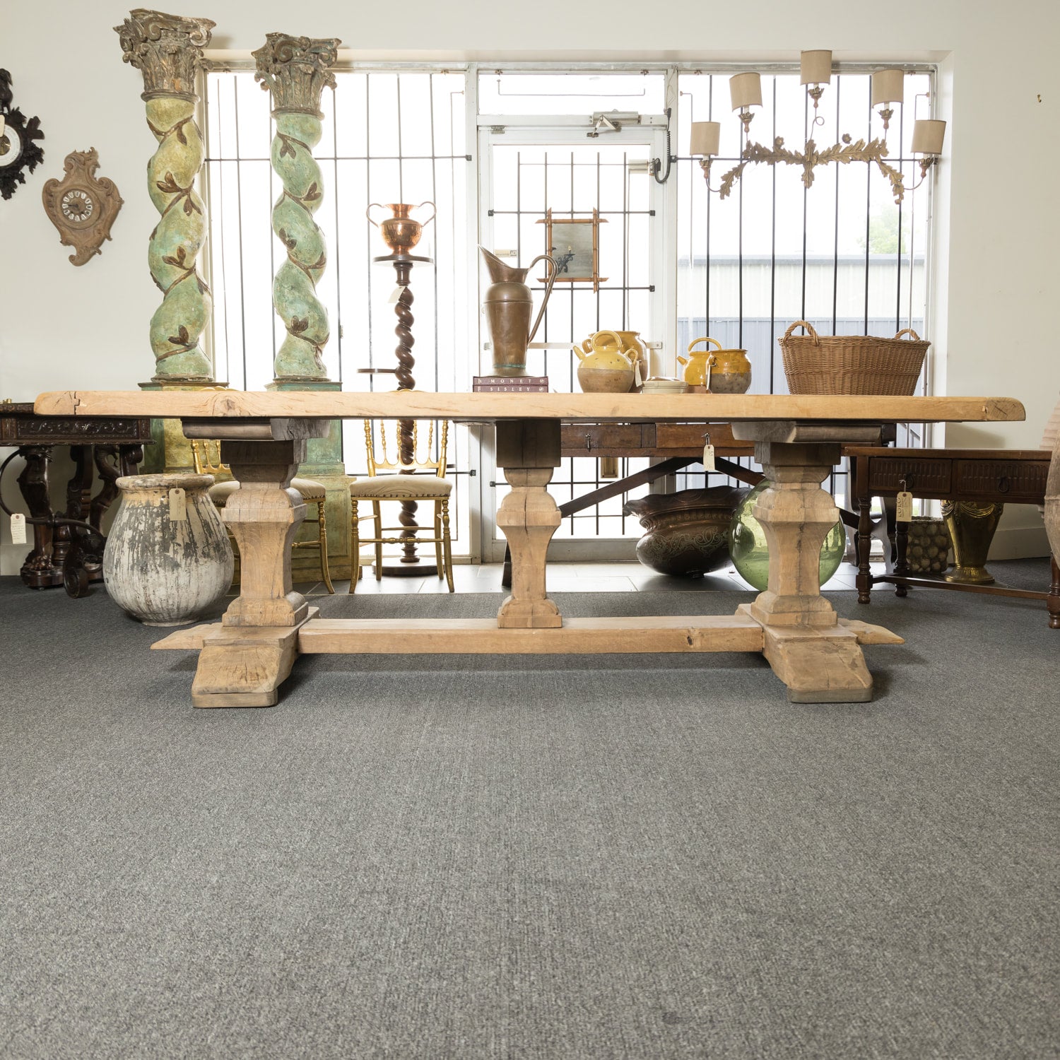 Antique French Bleached Oak Monastery Trestle Table with Triple Pedestal Base from Normandy