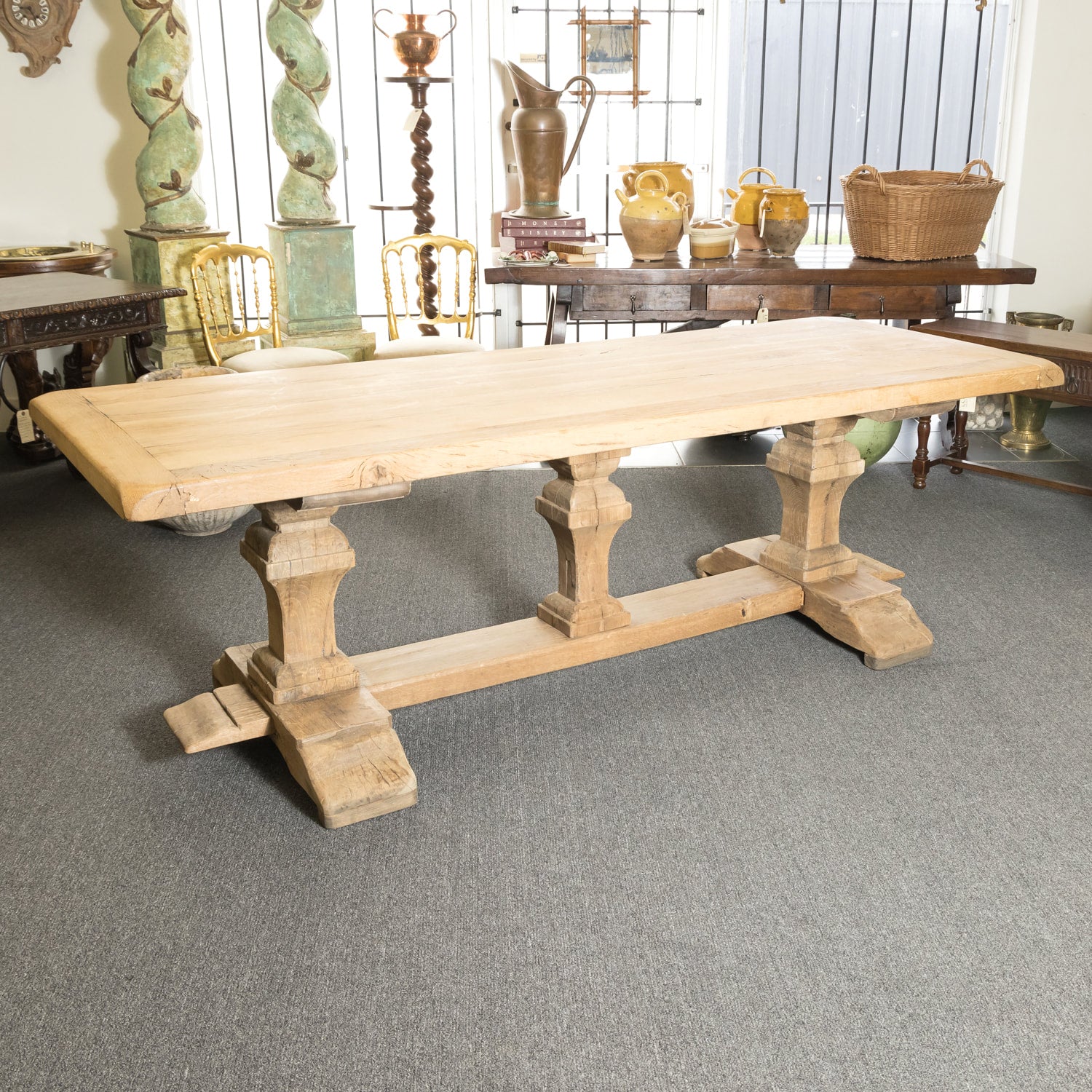 Antique French Bleached Oak Monastery Trestle Table with Triple Pedestal Base from Normandy