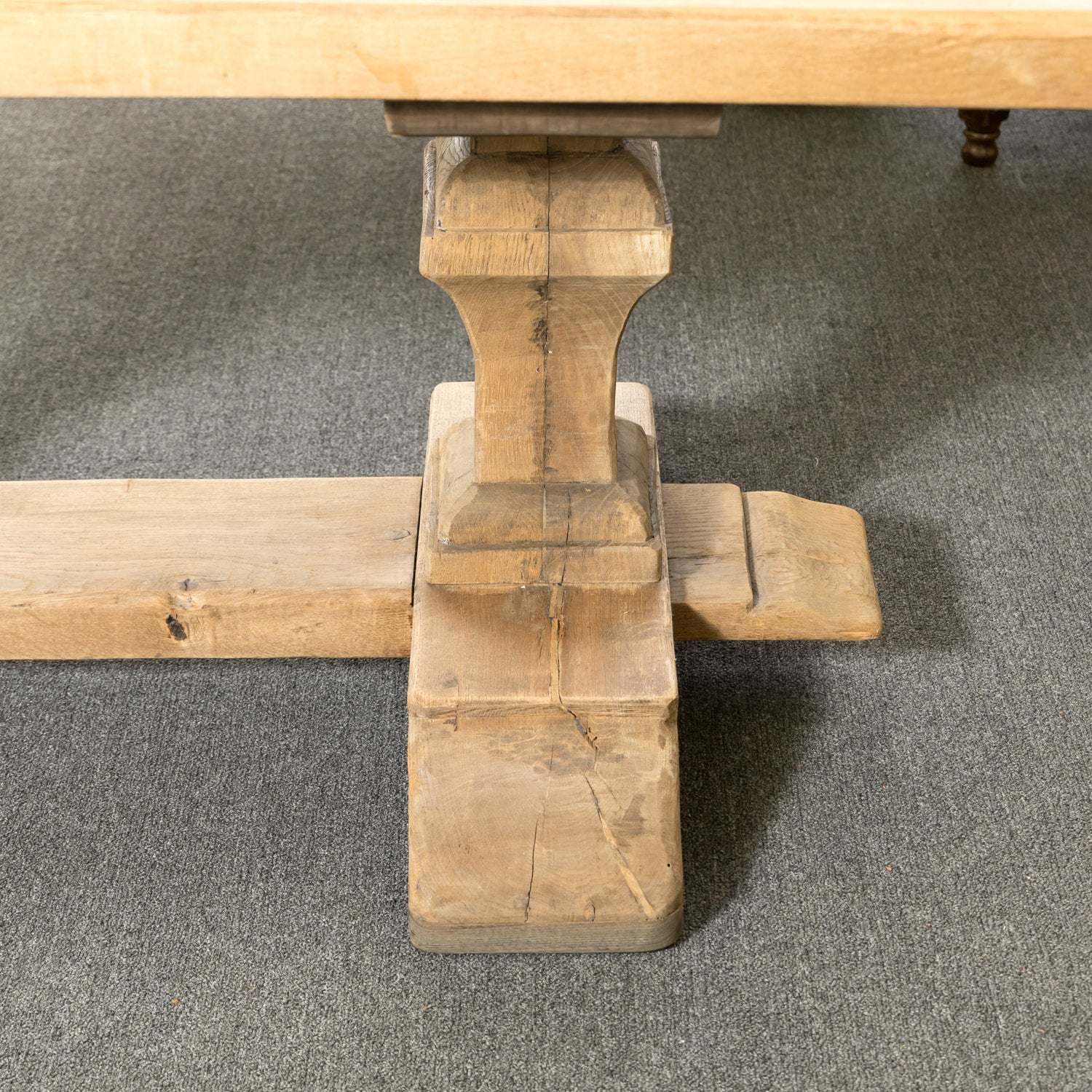 Antique French Bleached Oak Monastery Trestle Table with Triple Pedestal Base from Normandy