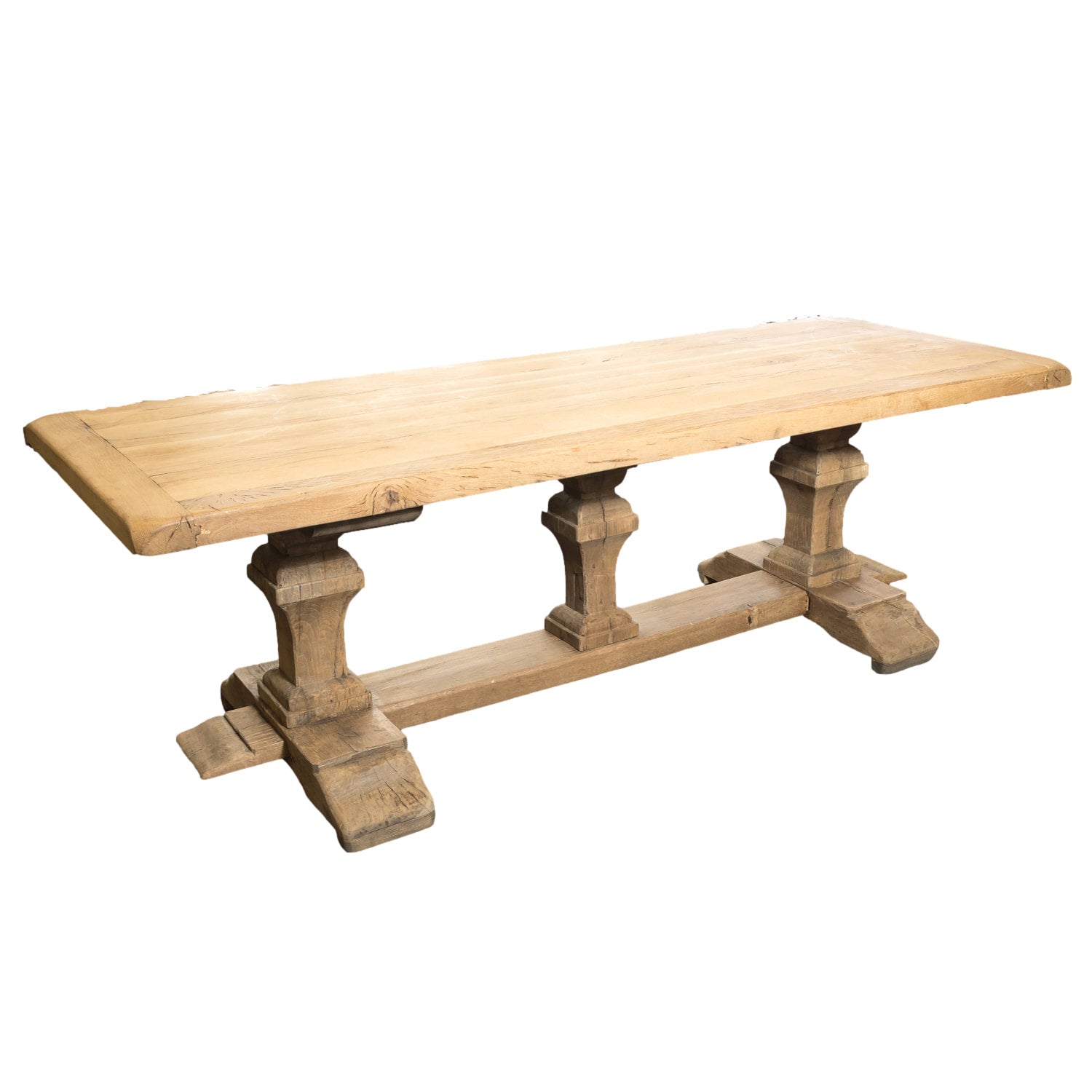 Antique French Bleached Oak Monastery Trestle Table with Triple Pedestal Base from Normandy