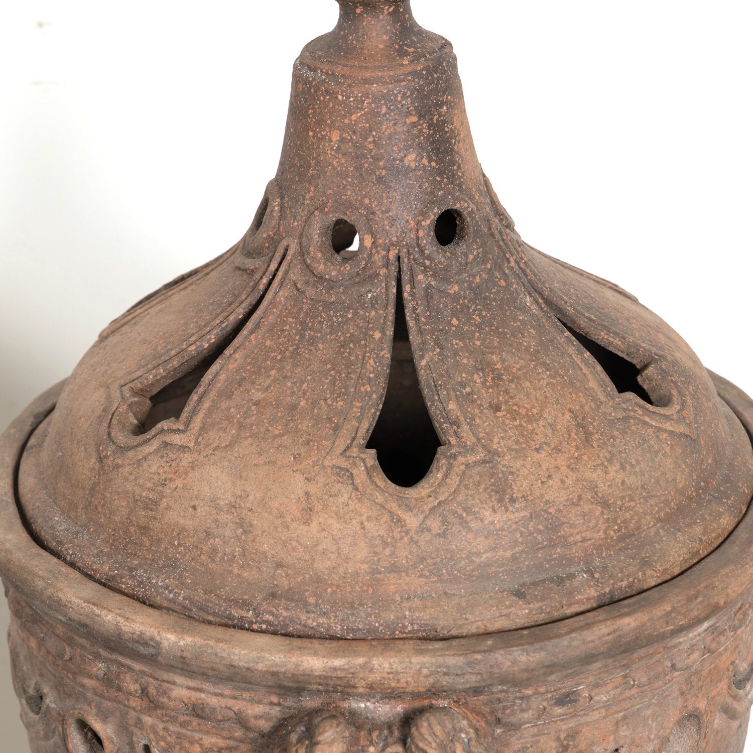 Pair of Italian Tuscany Terracotta Braziers or Garden Urns with Lids on Pedestal Bases