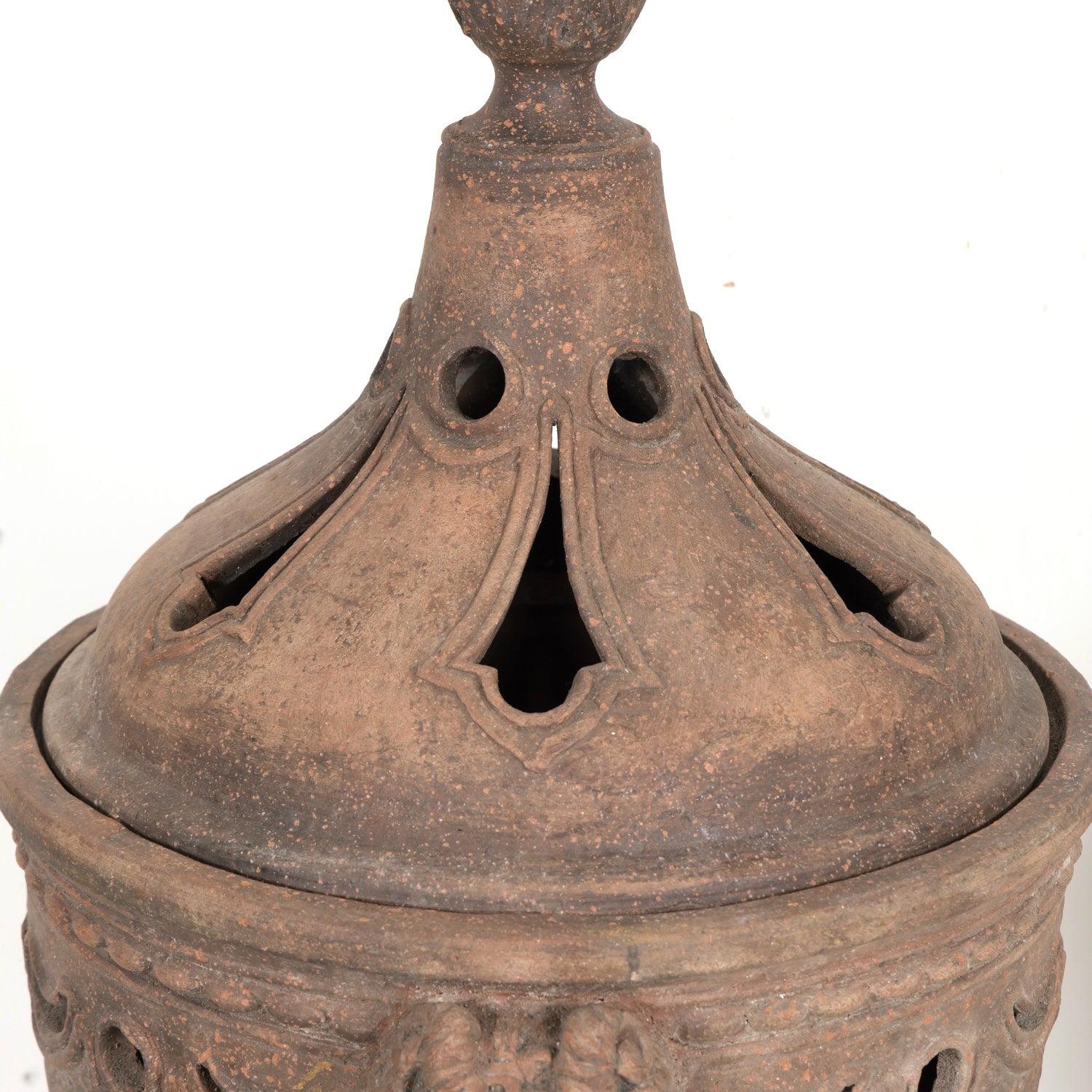 Pair of Italian Tuscany Terracotta Braziers or Garden Urns with Lids on Pedestal Bases