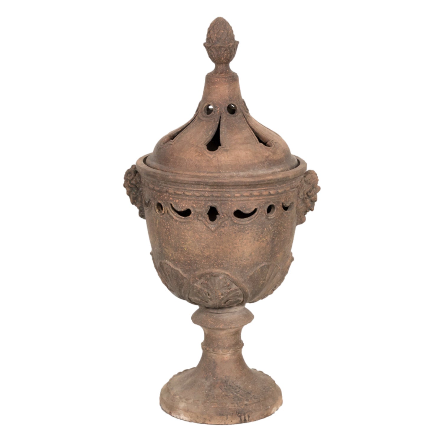 Pair of Italian Tuscany Terracotta Braziers or Garden Urns with Lids on Pedestal Bases