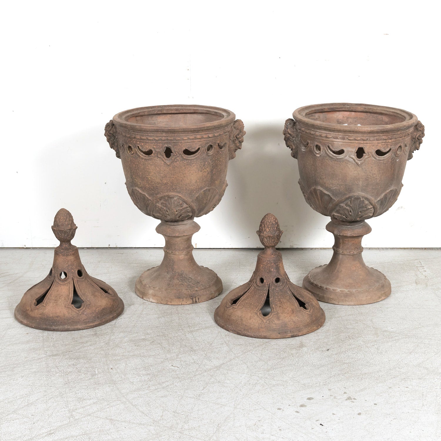 Pair of Italian Tuscany Terracotta Braziers or Garden Urns with Lids on Pedestal Bases