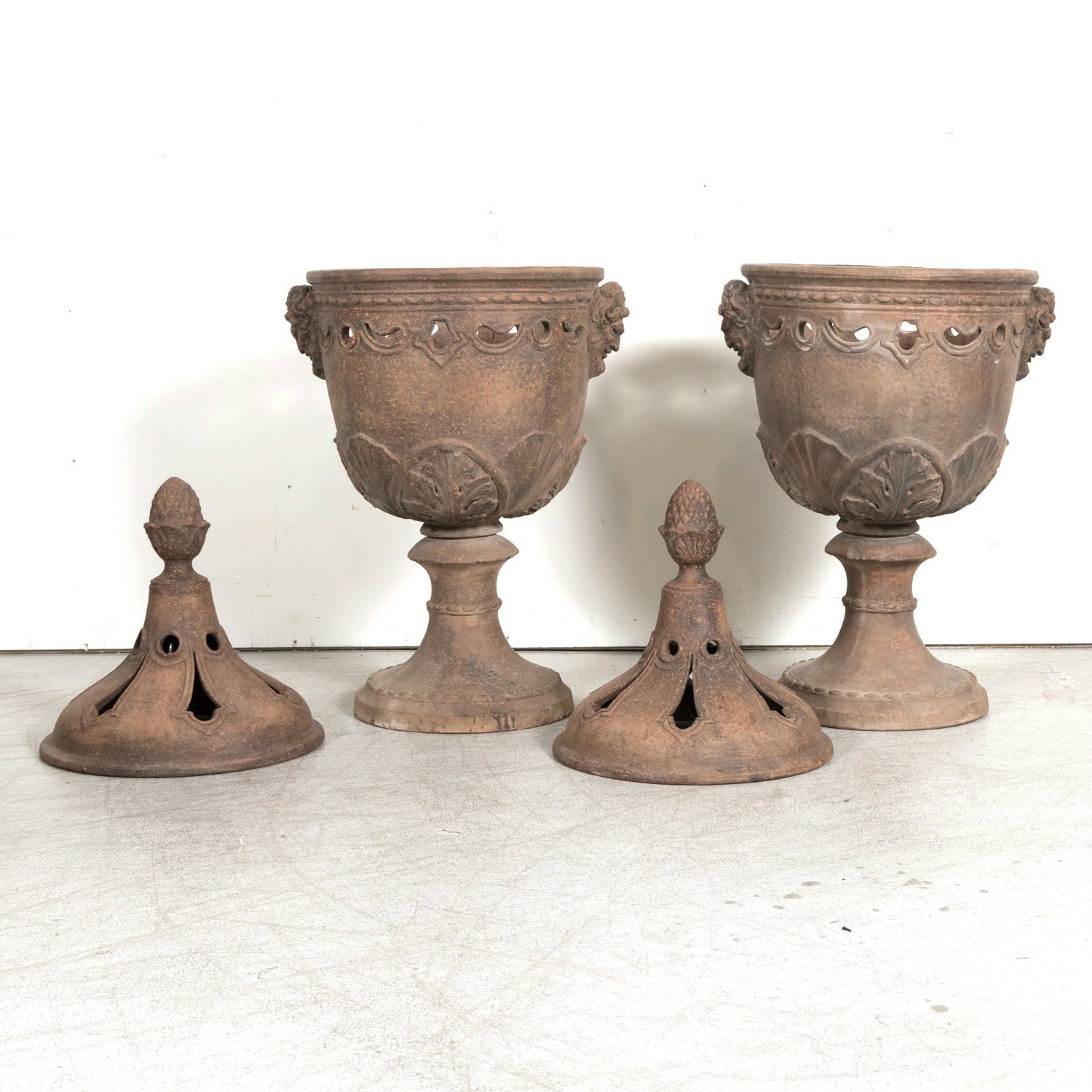 Pair of Italian Tuscany Terracotta Braziers or Garden Urns with Lids on Pedestal Bases