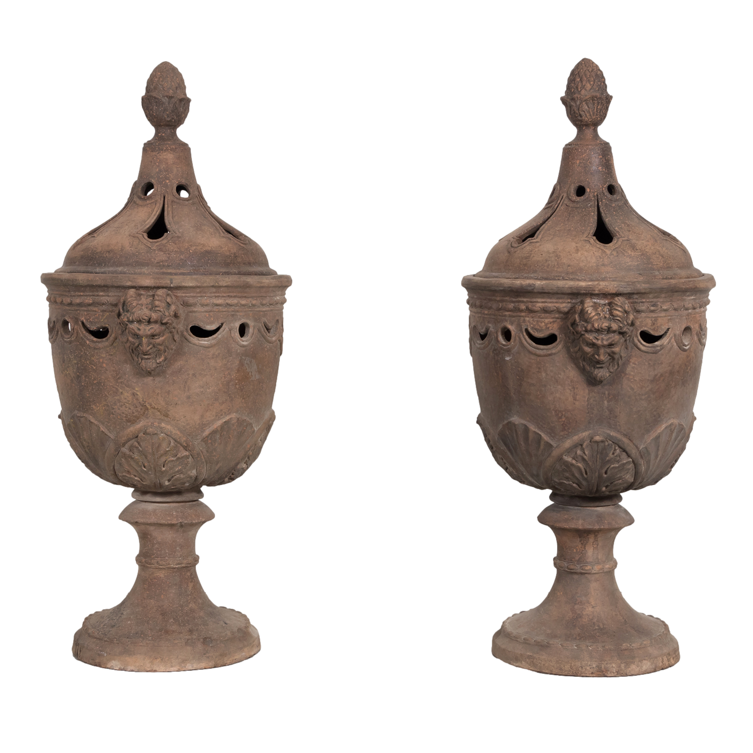Pair of Italian Tuscany Terracotta Braziers or Garden Urns with Lids on Pedestal Bases