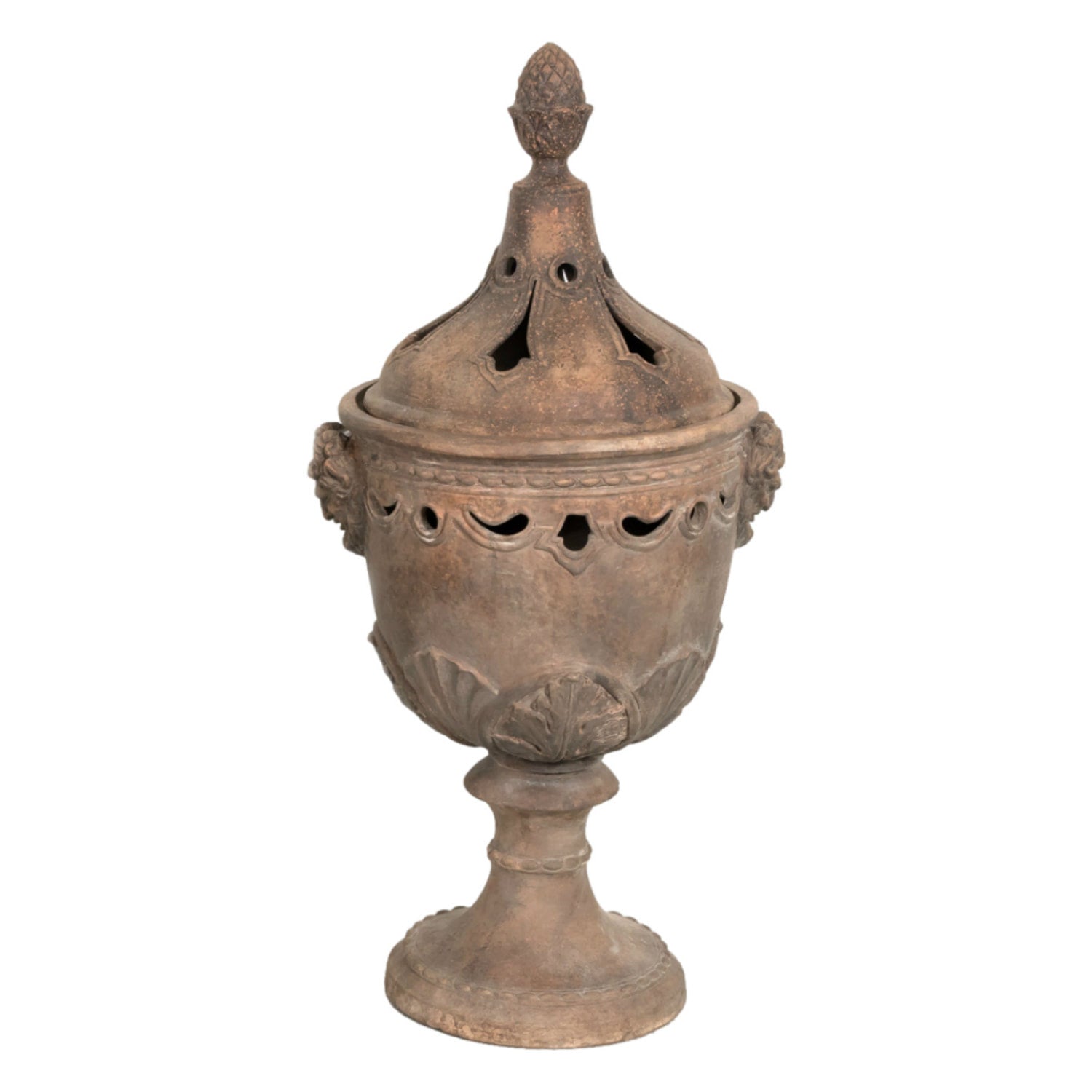 Pair of Italian Tuscany Terracotta Braziers or Garden Urns with Lids on Pedestal Bases