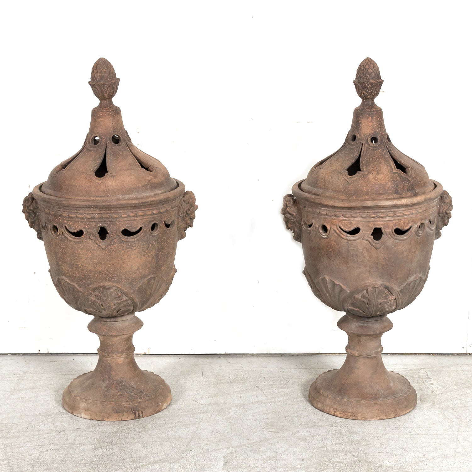 Pair of Italian Tuscany Terracotta Braziers or Garden Urns with Lids on Pedestal Bases