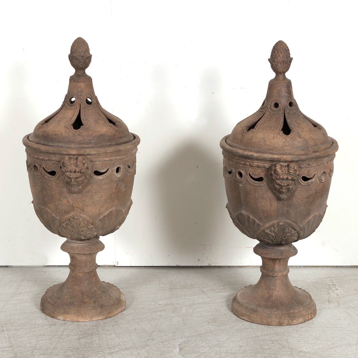 Pair of Italian Tuscany Terracotta Braziers or Garden Urns with Lids on Pedestal Bases