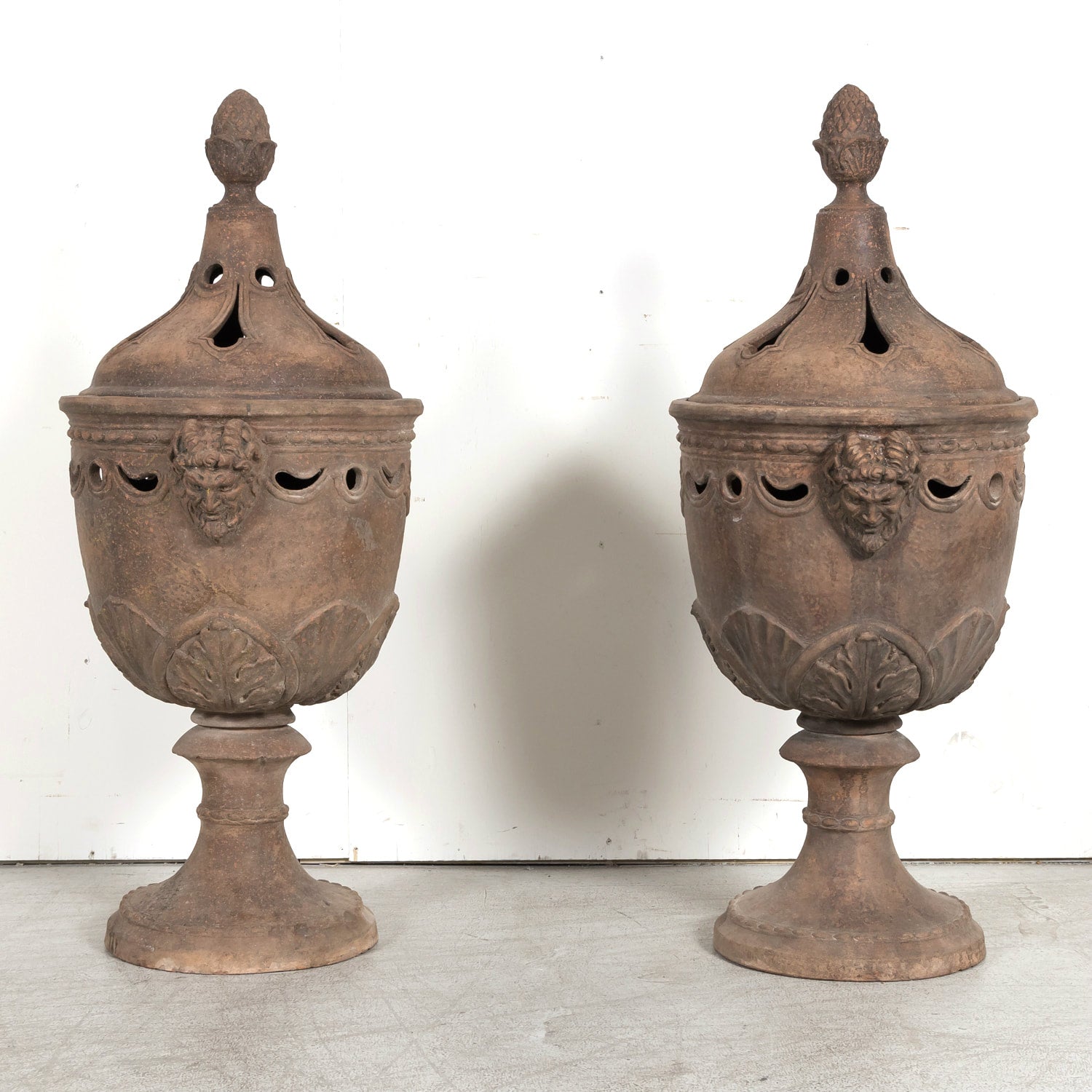 Pair of Italian Tuscany Terracotta Braziers or Garden Urns with Lids on Pedestal Bases