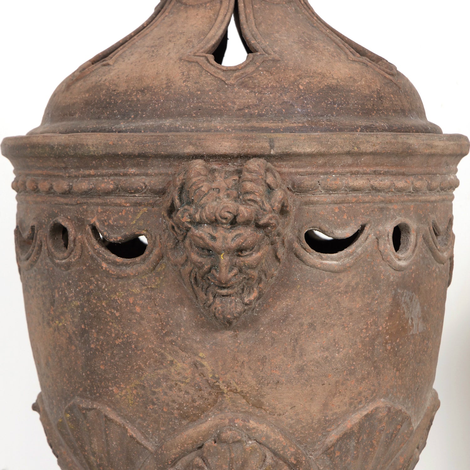 Pair of Italian Tuscany Terracotta Braziers or Garden Urns with Lids on Pedestal Bases