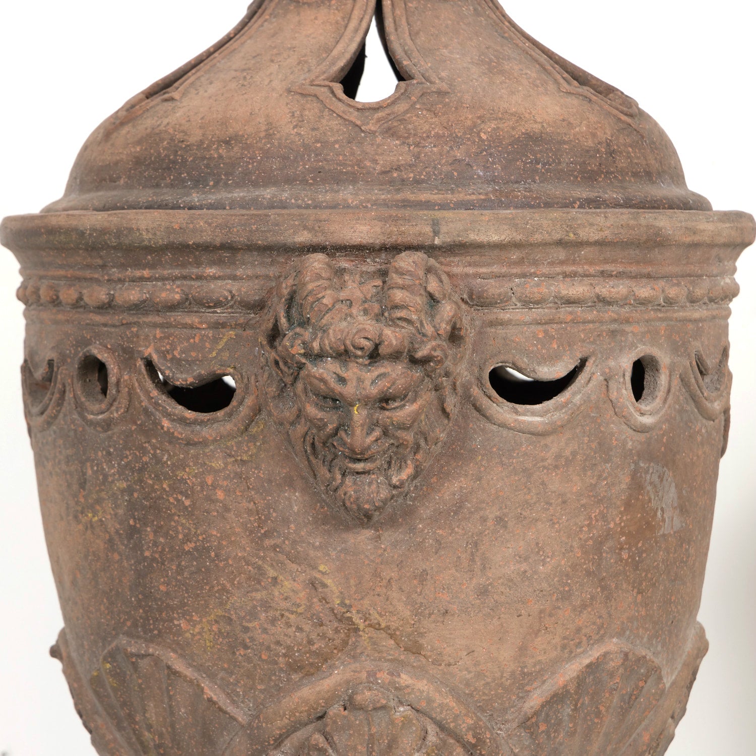 Pair of Italian Tuscany Terracotta Braziers or Garden Urns with Lids on Pedestal Bases