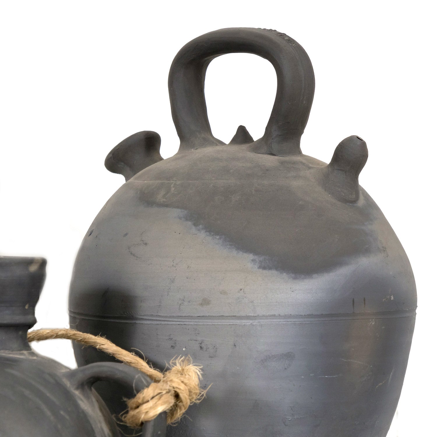 Early 20th Century Spanish Catalan Black Clay Botijo or Water Jug from Verdu, Signed
