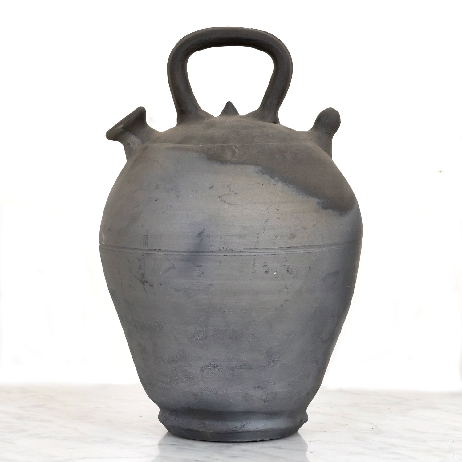 Early 20th Century Spanish Catalan Black Clay Botijo or Water Jug from Verdu, Signed