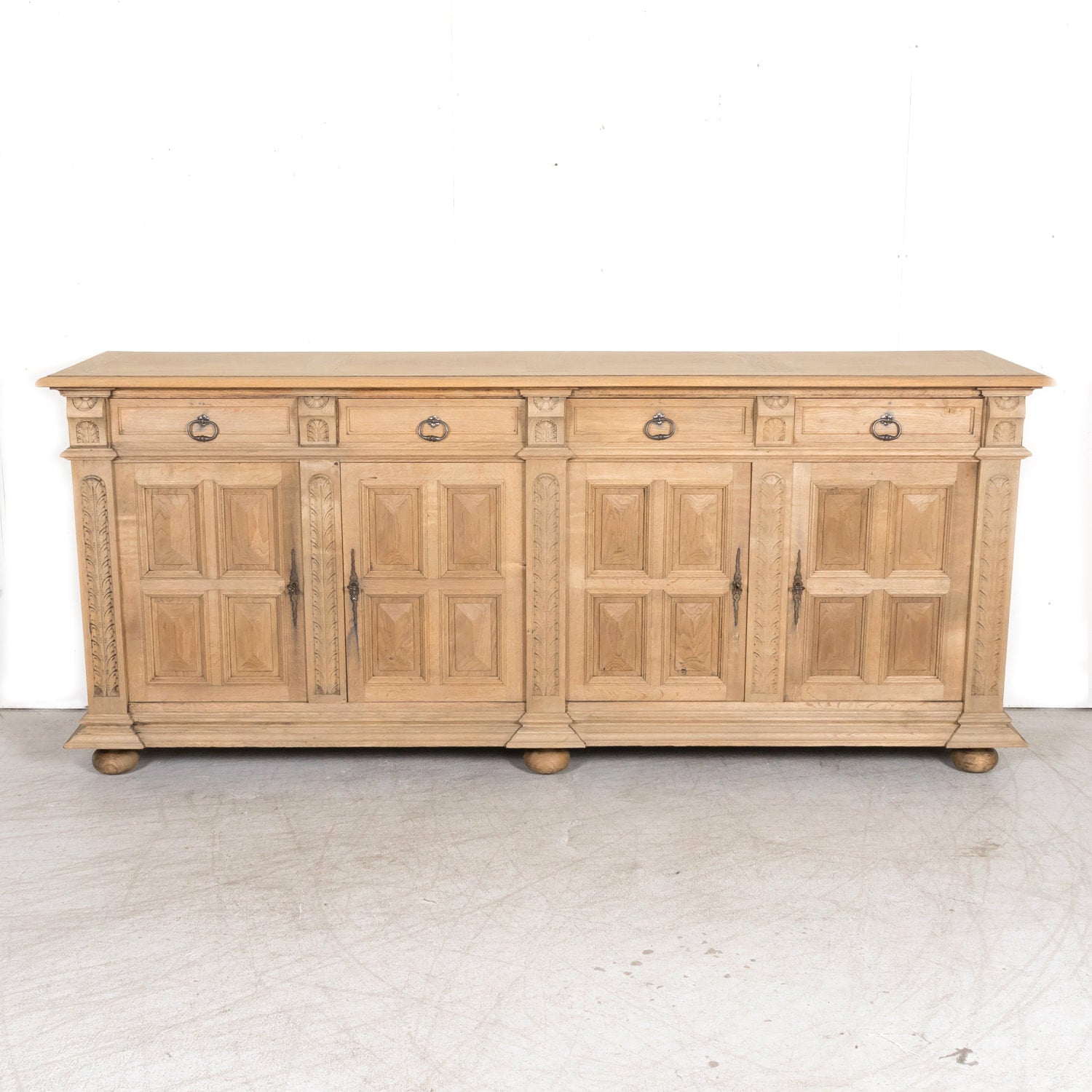 Antique French Louis XIII Style Carved Bleached Oak Enfilade Buffet