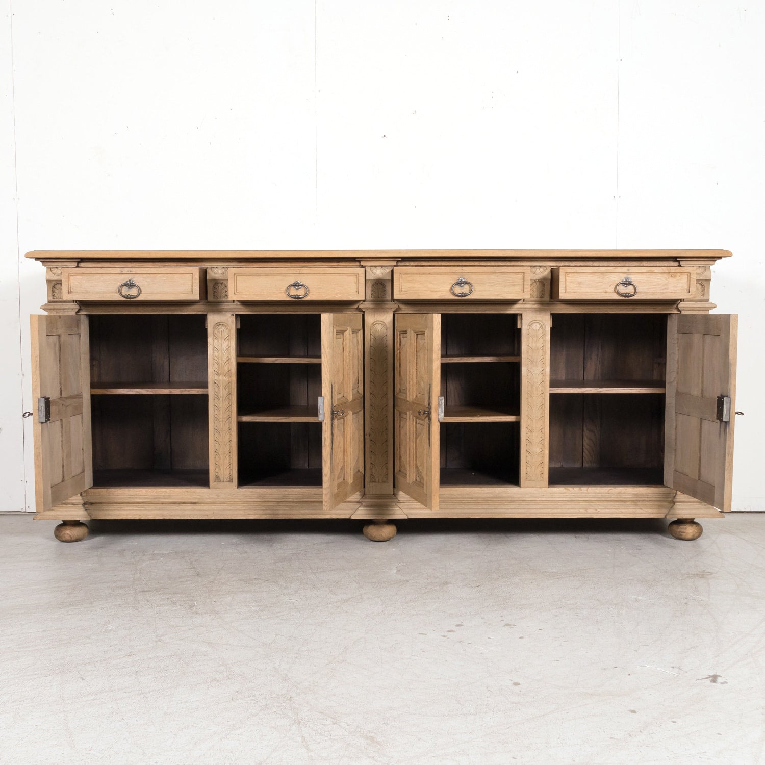 Antique French Louis XIII Style Carved Bleached Oak Enfilade Buffet