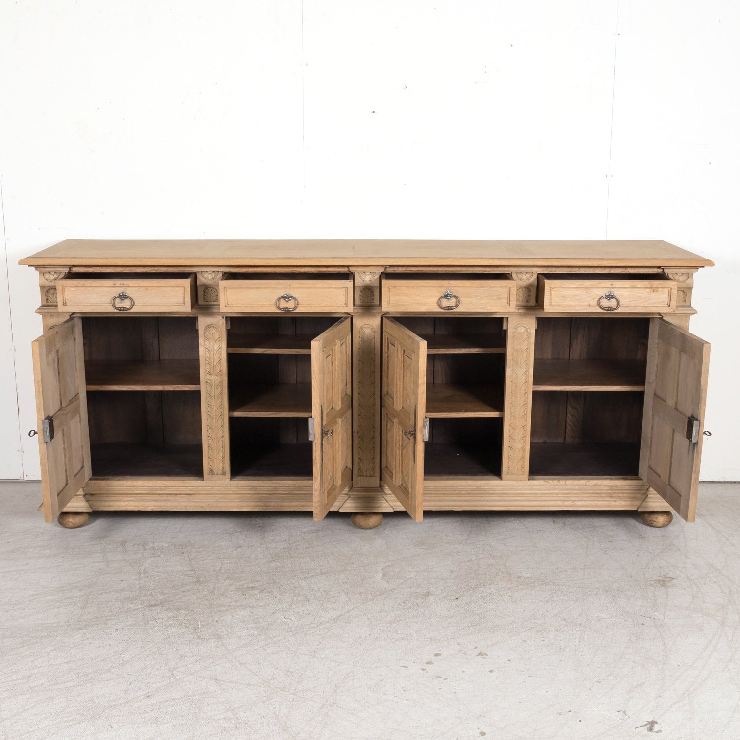 Antique French Louis XIII Style Carved Bleached Oak Enfilade Buffet