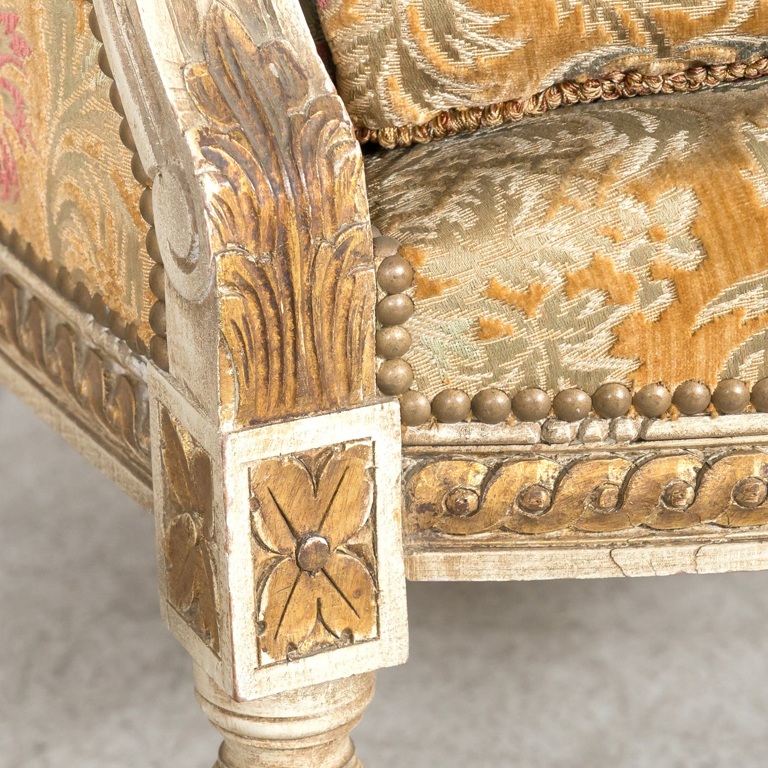 Pair of Early 21st Century French Louis XVI Style Parcel Gilt and Painted Maison Jansen Bergere Armchairs