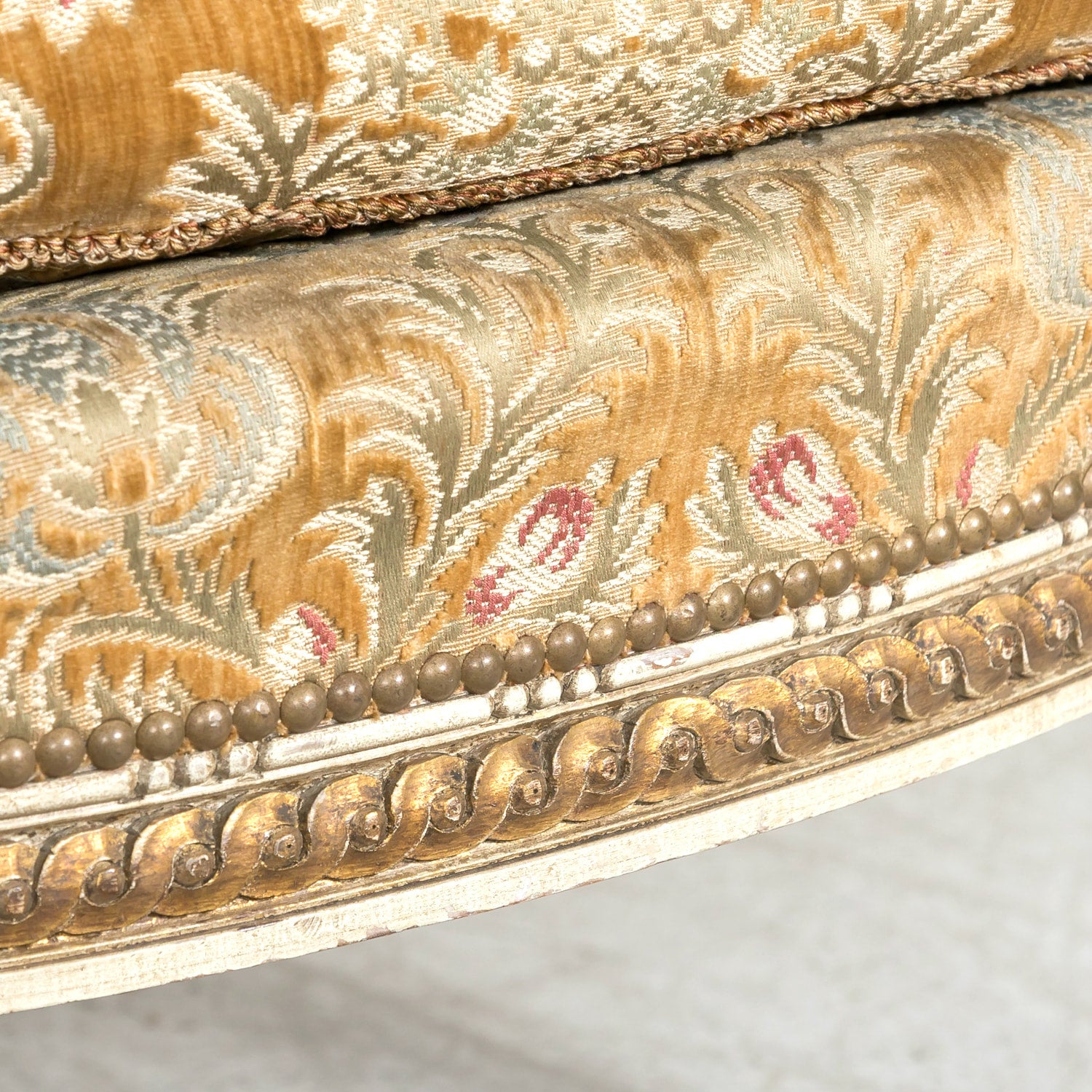 Pair of Early 21st Century French Louis XVI Style Parcel Gilt and Painted Maison Jansen Bergere Armchairs