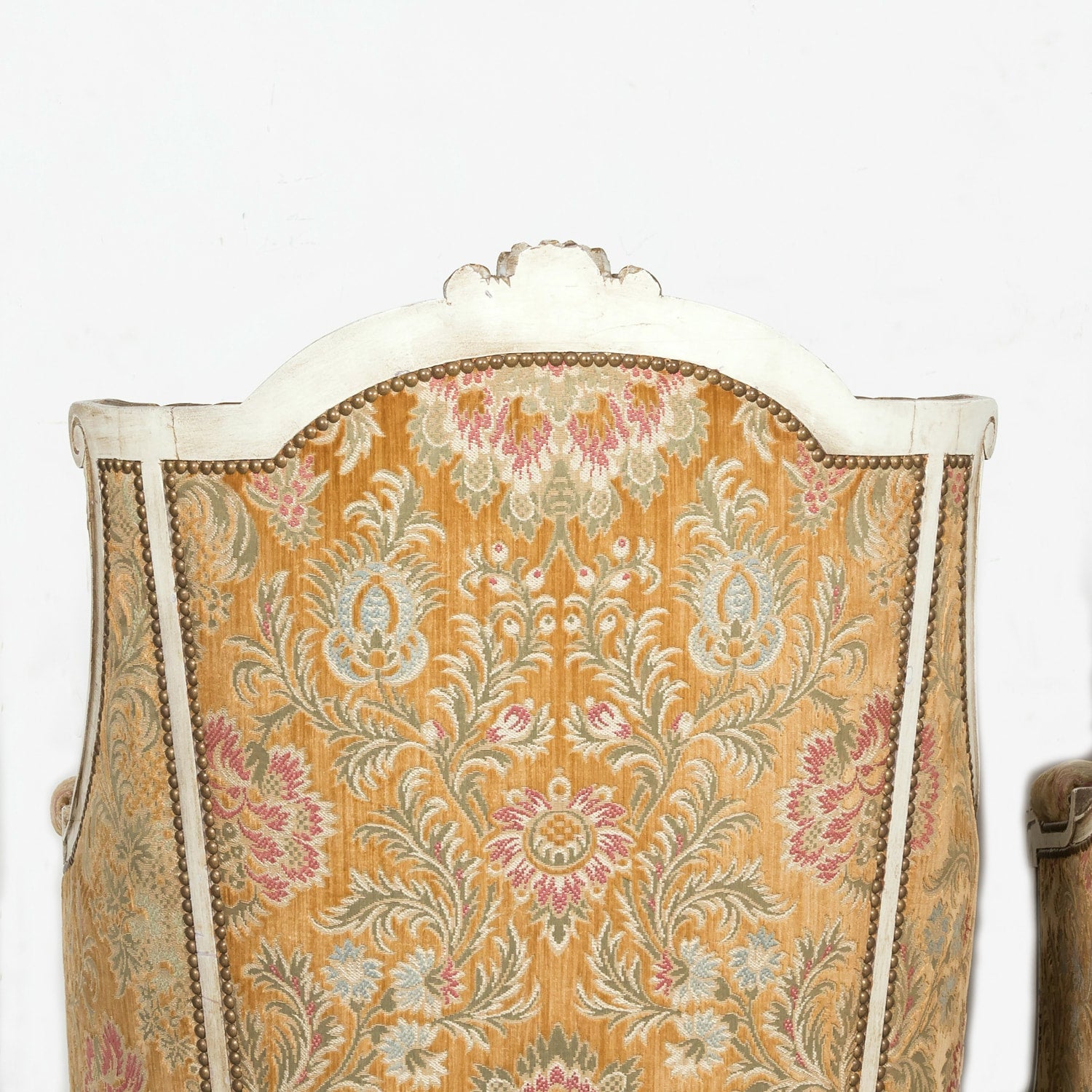 Pair of Early 21st Century French Louis XVI Style Parcel Gilt and Painted Maison Jansen Bergere Armchairs