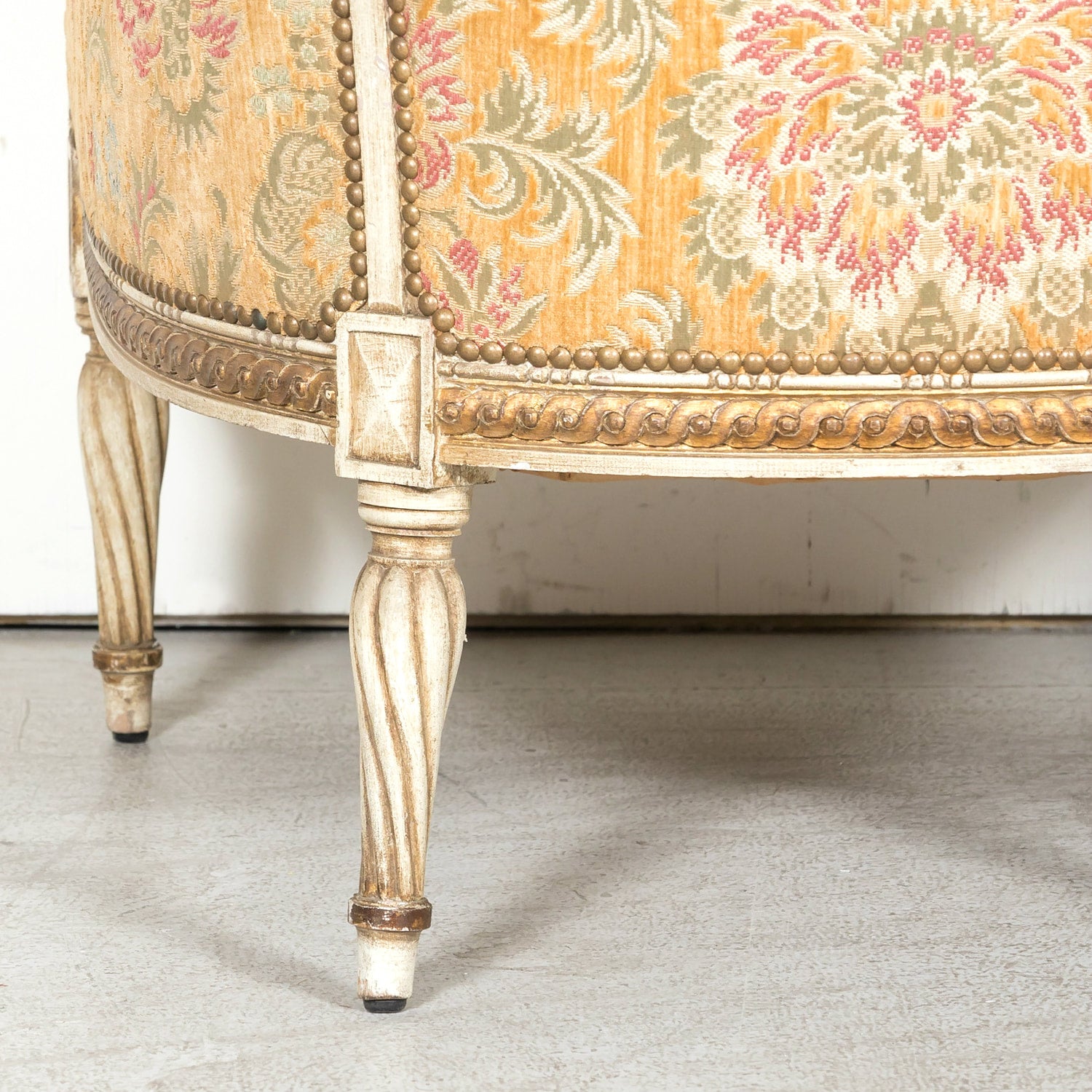 Pair of Early 21st Century French Louis XVI Style Parcel Gilt and Painted Maison Jansen Bergere Armchairs