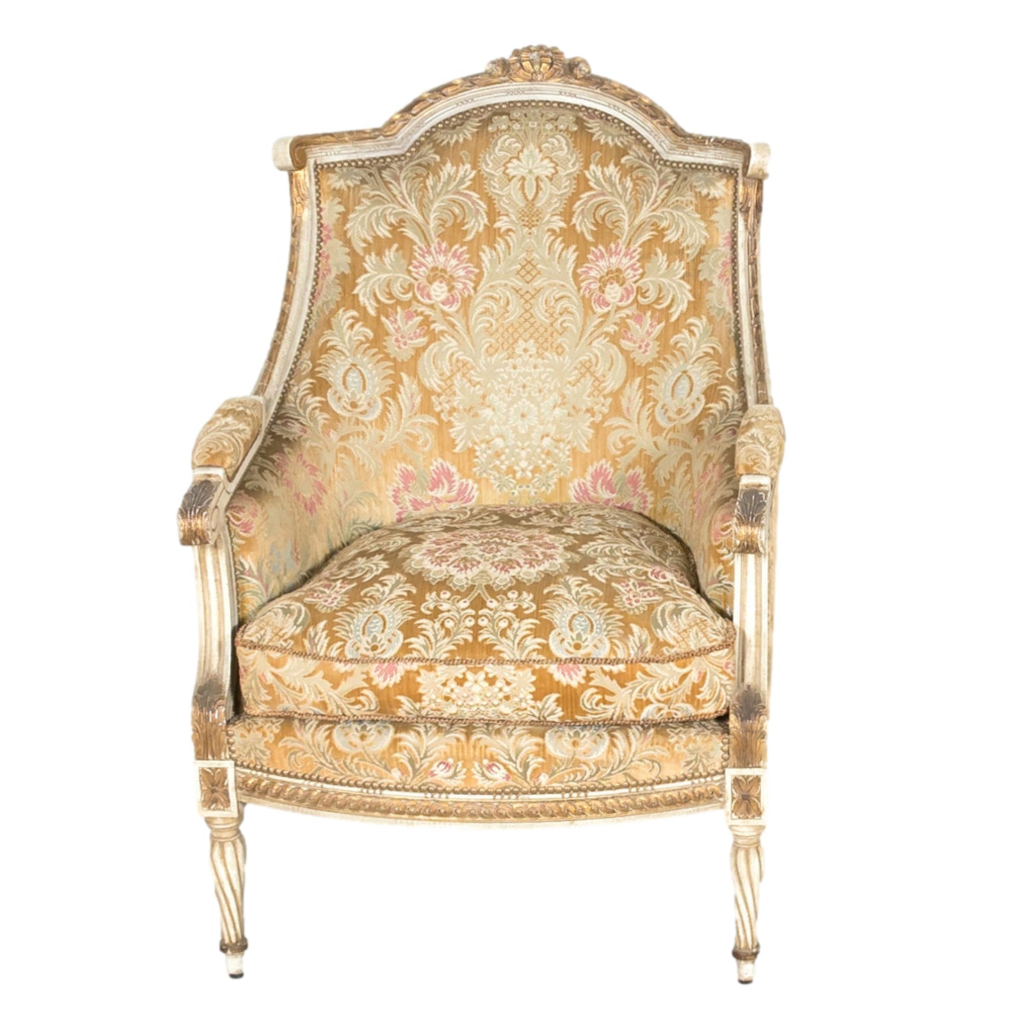 Pair of Early 21st Century French Louis XVI Style Parcel Gilt and Painted Maison Jansen Bergere Armchairs