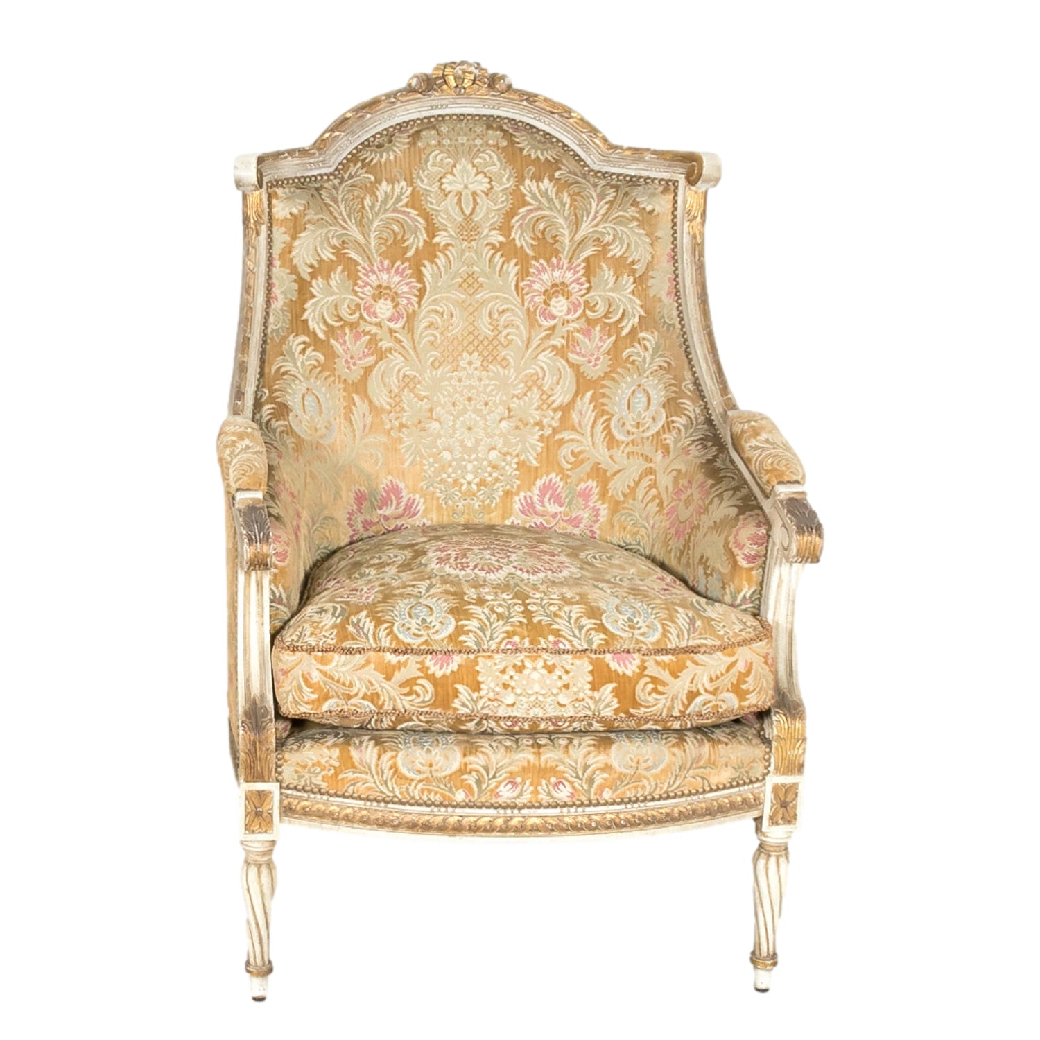 Pair of Early 21st Century French Louis XVI Style Parcel Gilt and Painted Maison Jansen Bergere Armchairs
