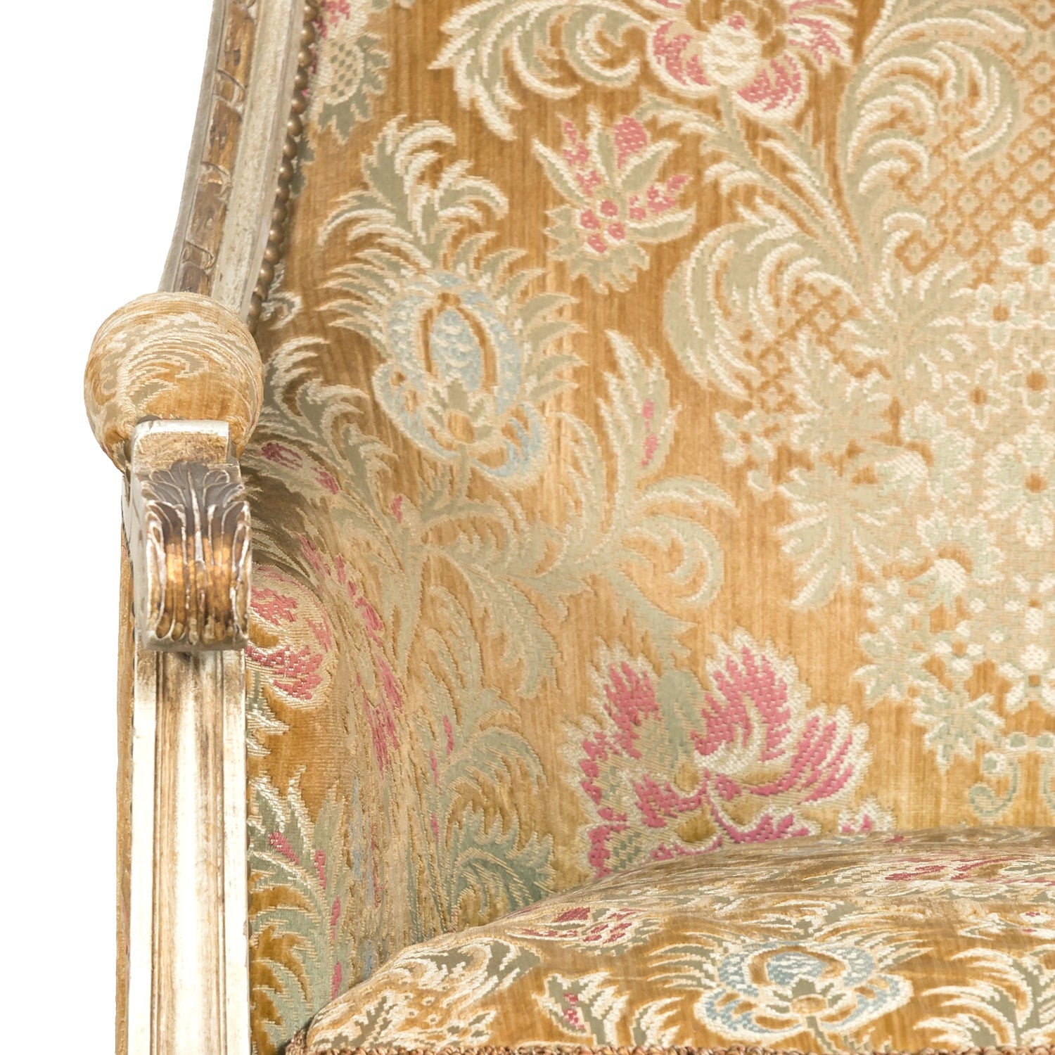 Pair of Early 21st Century French Louis XVI Style Parcel Gilt and Painted Maison Jansen Bergere Armchairs