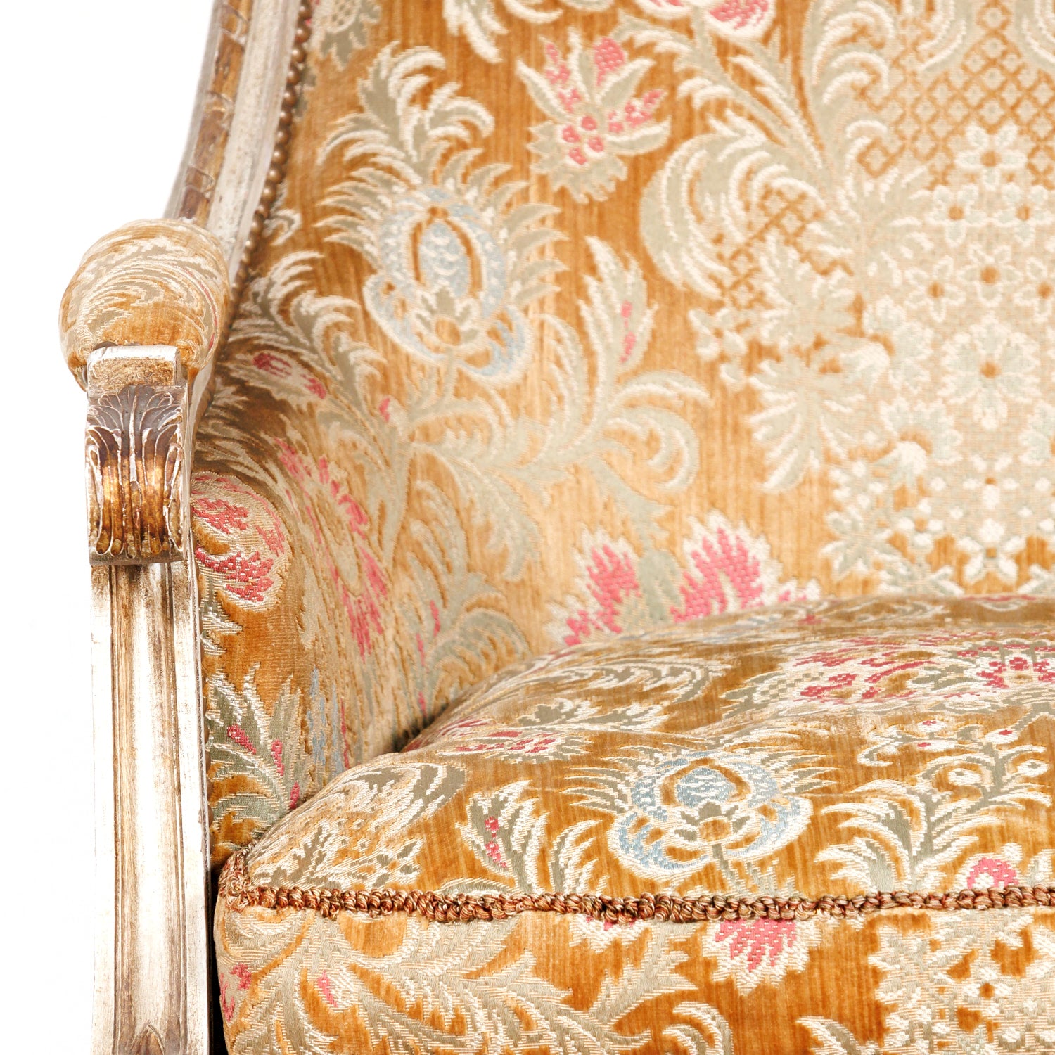 Pair of Early 21st Century French Louis XVI Style Parcel Gilt and Painted Maison Jansen Bergere Armchairs