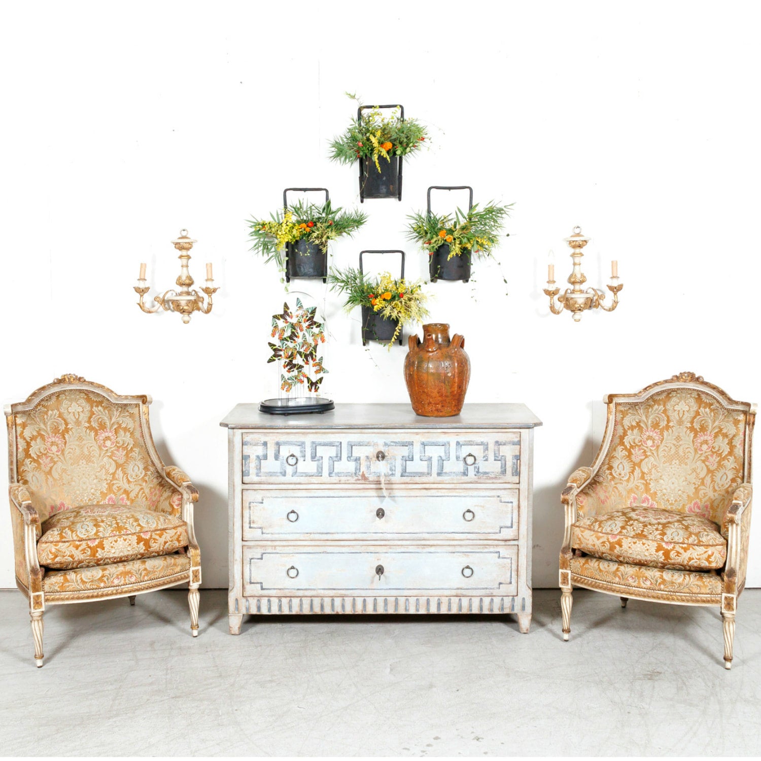 Pair of Early 21st Century French Louis XVI Style Parcel Gilt and Painted Maison Jansen Bergere Armchairs
