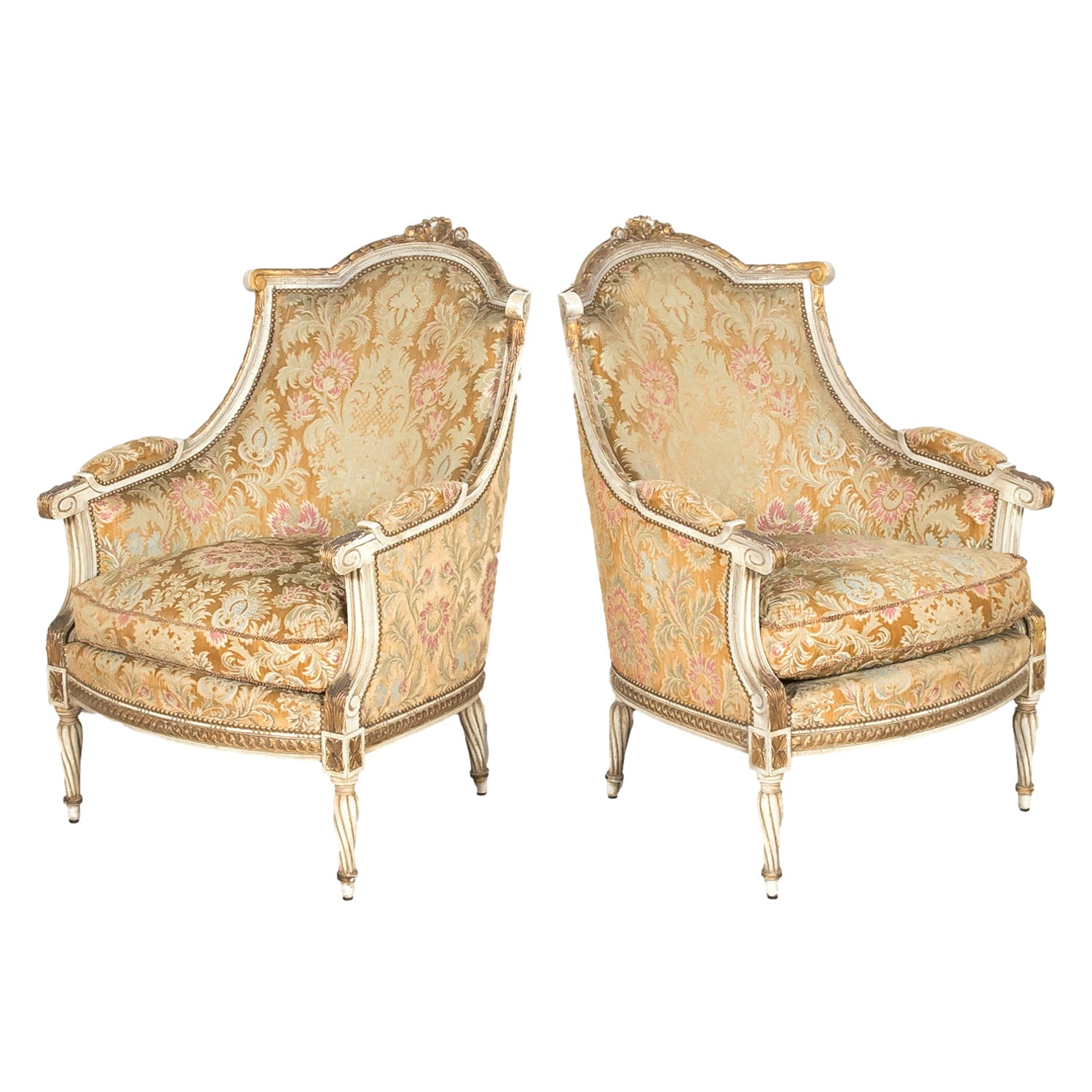 Pair of Early 21st Century French Louis XVI Style Parcel Gilt and Painted Maison Jansen Bergere Armchairs