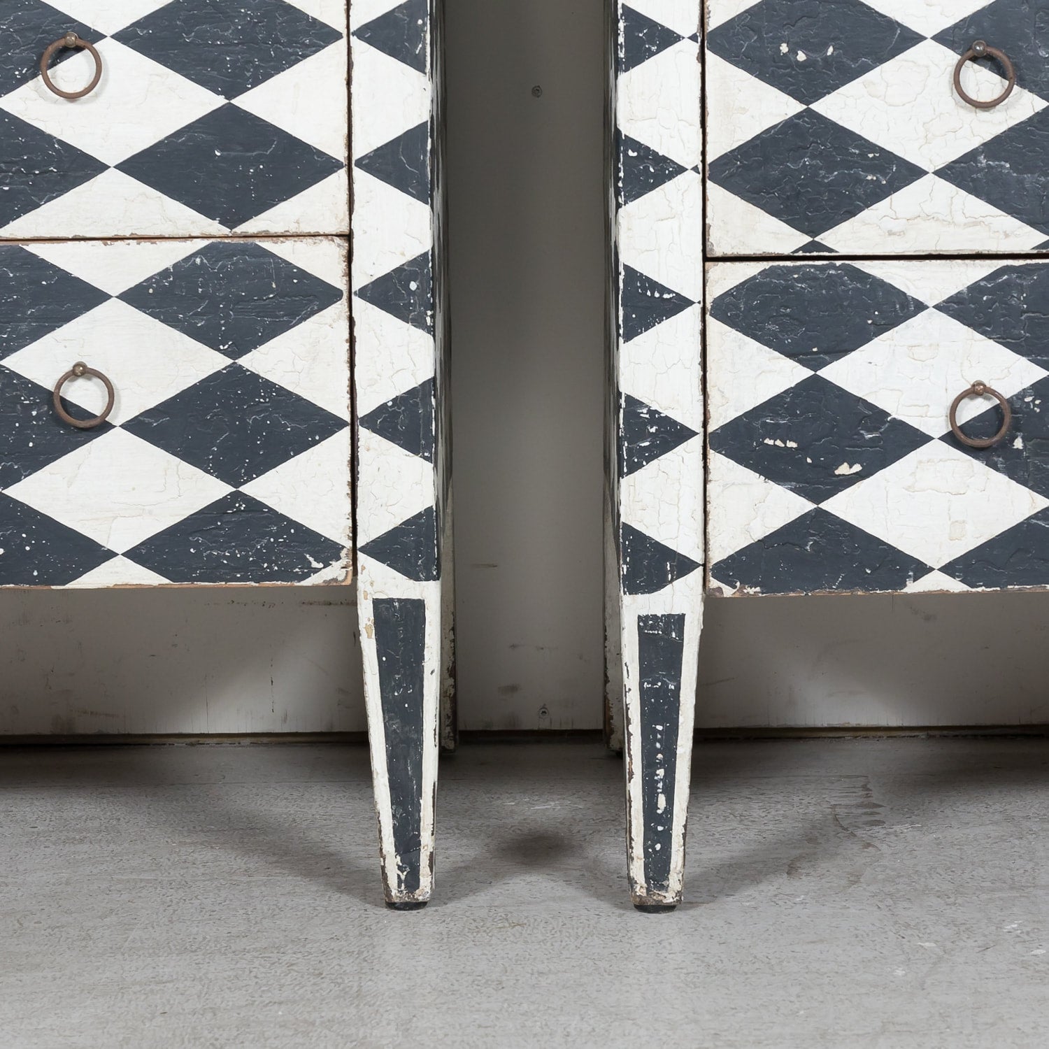 Pair of 19th Century French Louis XVI Style Black and White Harlequin Pattern Painted Commodes 