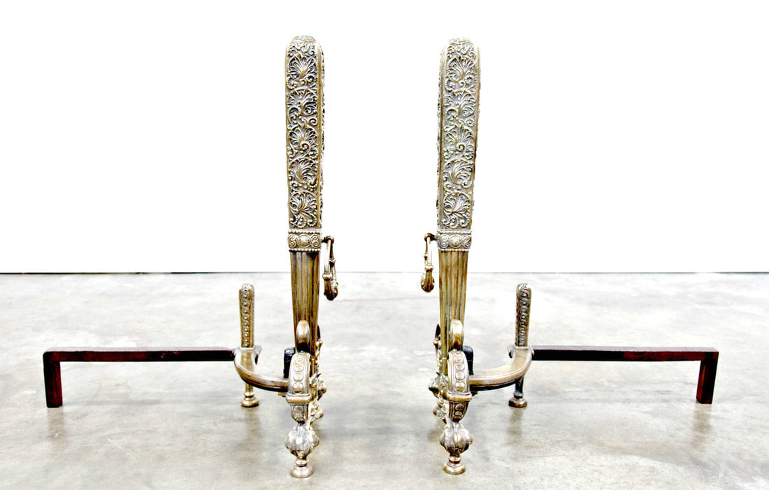 Fine Pair of Brass and Wrought Iron Andirons Attributed to Tiffany Studios