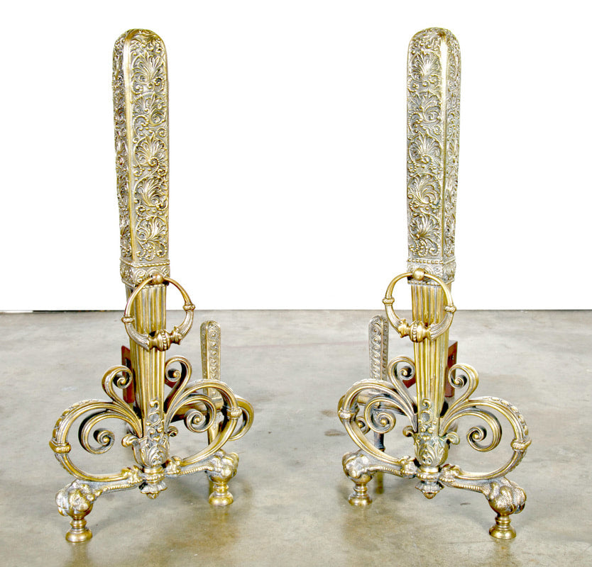 Fine Pair of Brass and Wrought Iron Andirons Attributed to Tiffany Studios