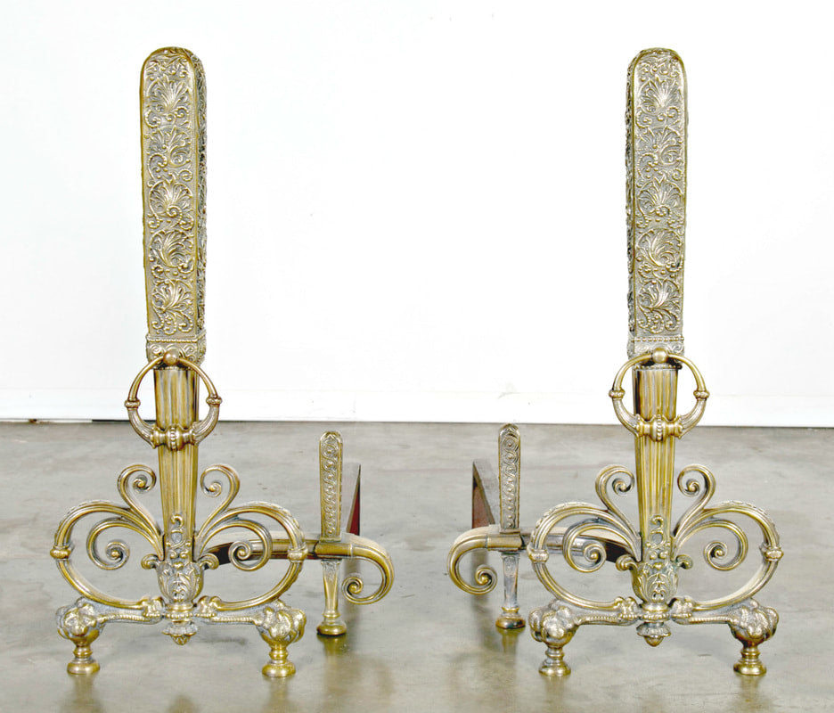 Fine Pair of Brass and Wrought Iron Andirons Attributed to Tiffany Studios