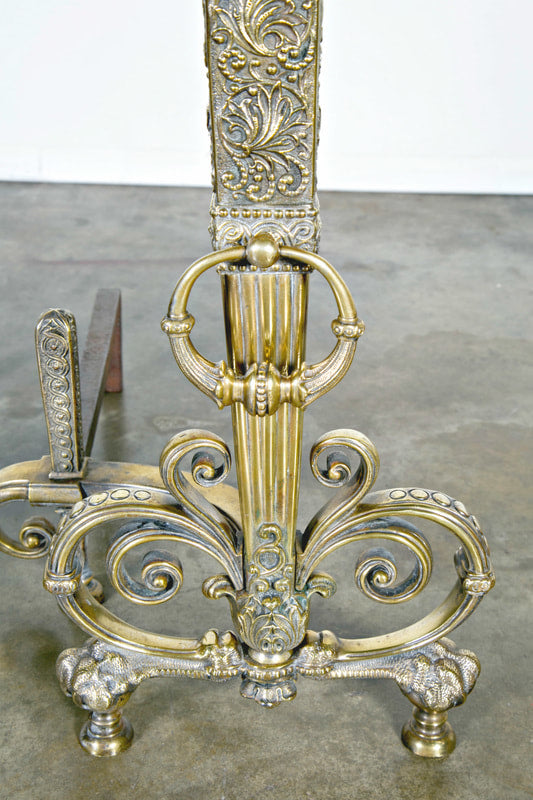 Fine Pair of Brass and Wrought Iron Andirons Attributed to Tiffany Studios